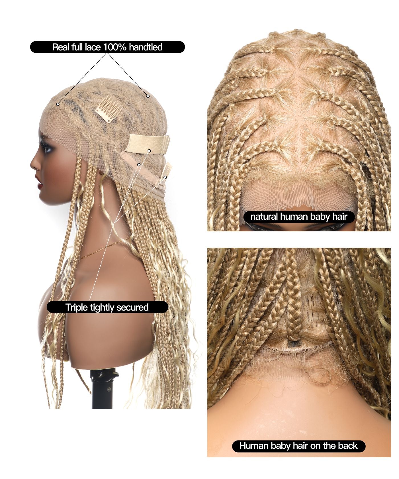 Triangle Base Full Lace Tangleless Human Hair Boho Curls Knotless Boho Box Braided Wig 36"(US only)