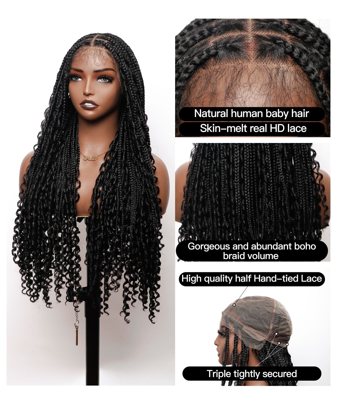 JALIZA 30 inch Boho Knotless Box Braids HD Frontal Double Lace Braided Wig Middle Part (Mannequin - Front View)