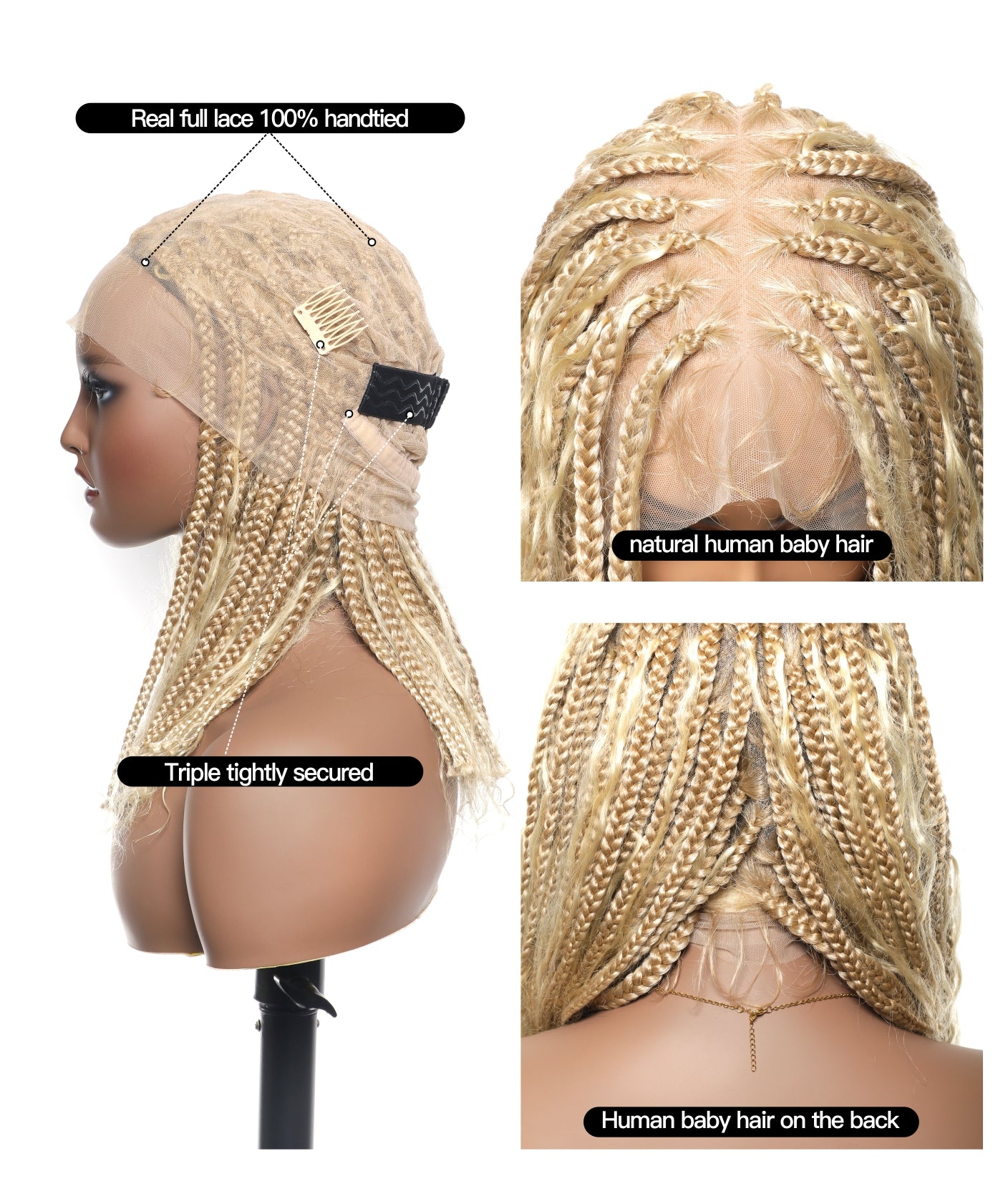 14" Human Hair Boho Curls High Density Triangle Base Knotless Boho Box Braided Wig 102 Strands