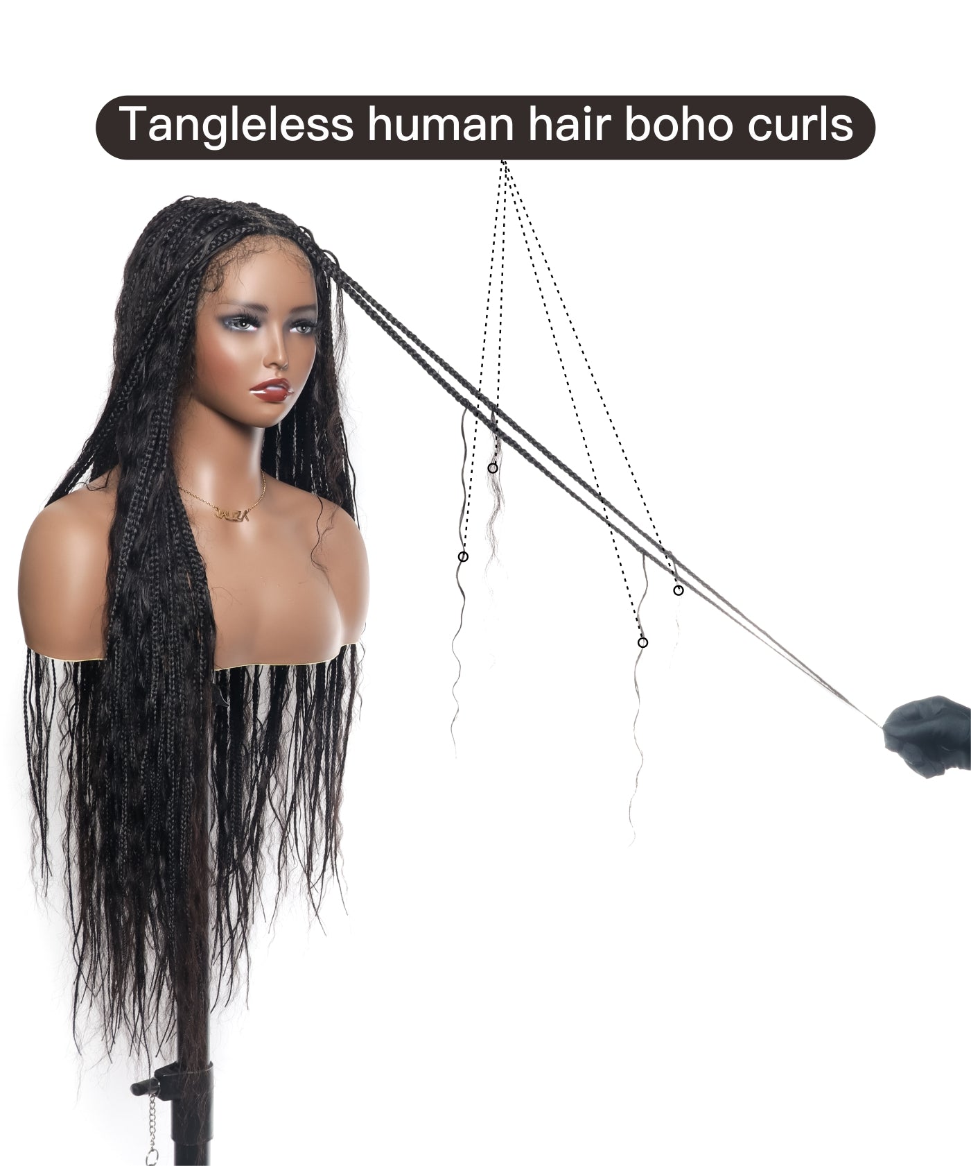 36" Wet & Wavy Human Hair Boho Curls HD Lace Tangleless Super High Density Knotless Boho Box Braided Wig