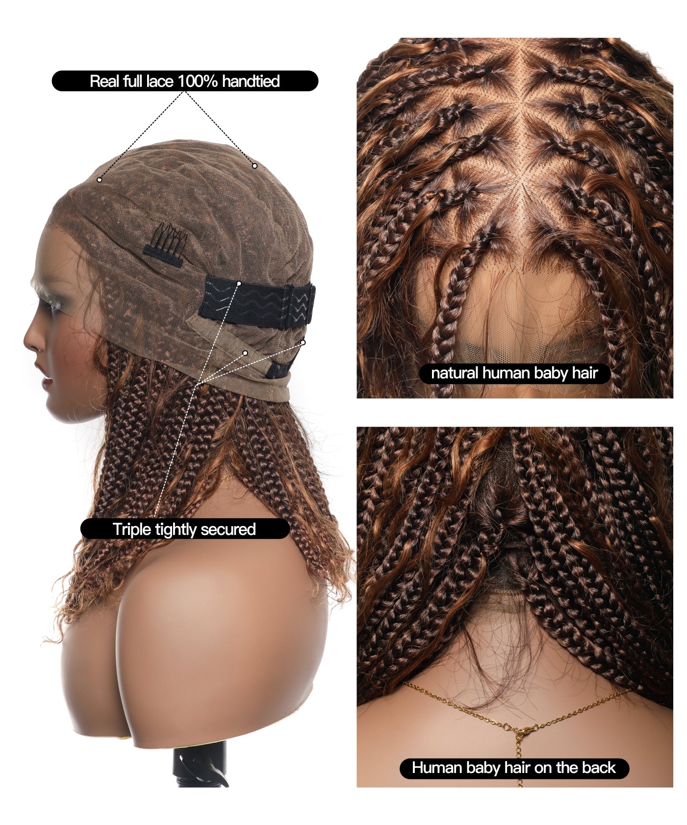 14" Human Hair Boho Curls High Density Triangle Base Knotless Boho Box Braided Wig 102 Strands