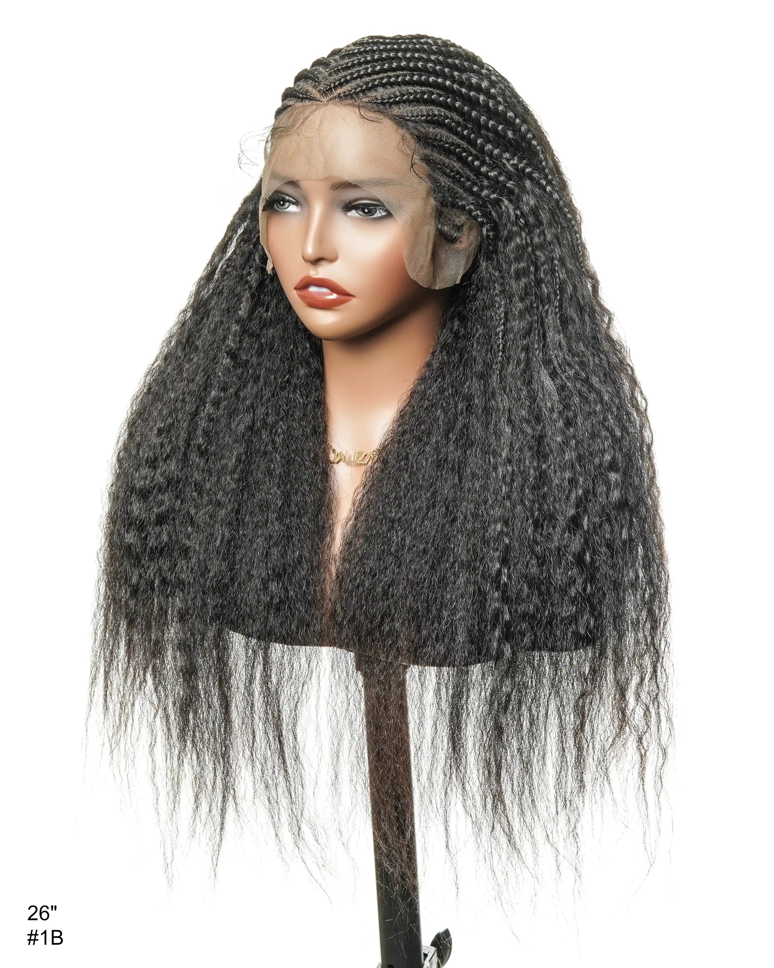 26" Multi Half Cornrow Crown with Extra Full Kinky Human Hair Wig