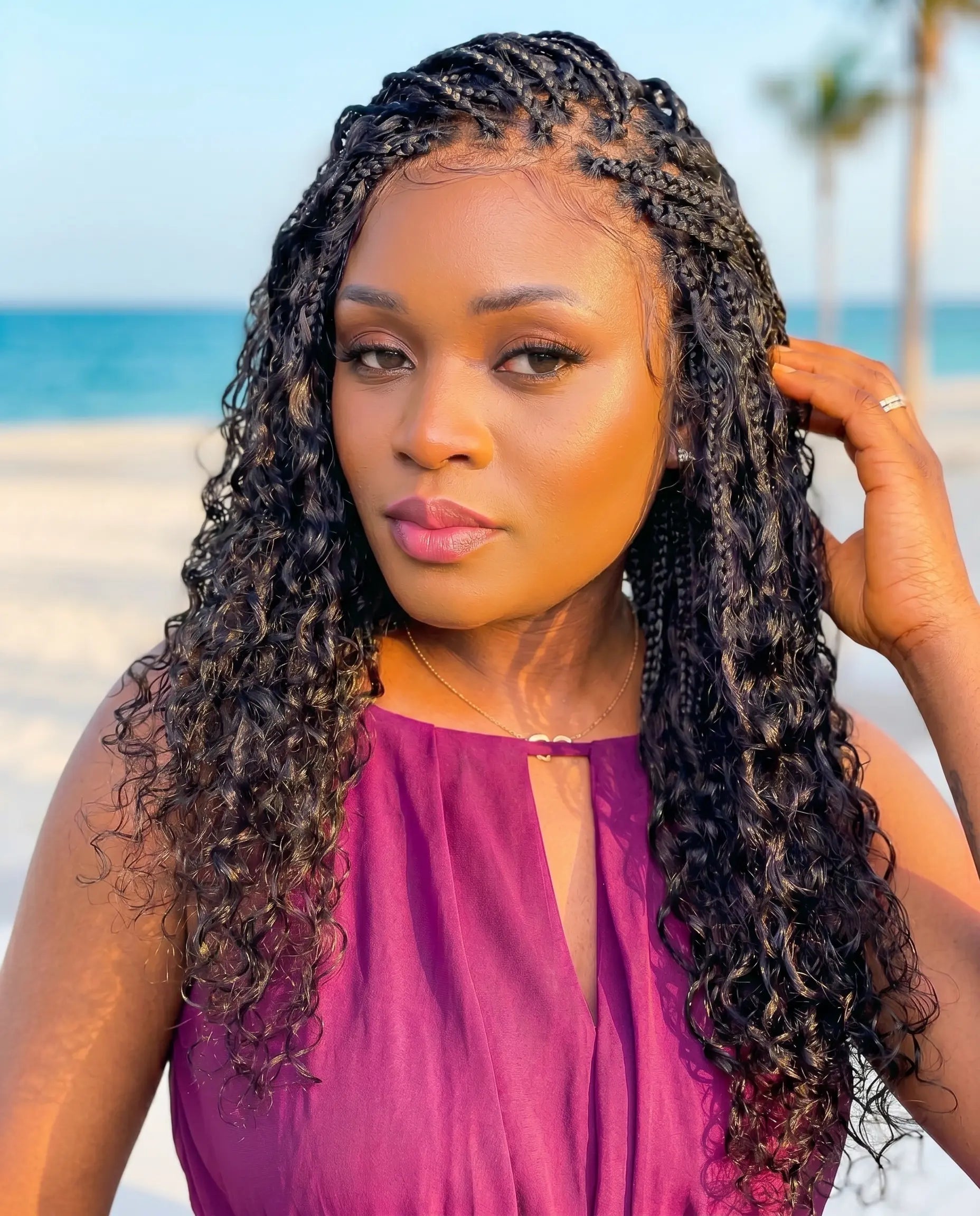 Nami - Drawstring Cap Glueless Water Wave Human Hair Curls Pre Bleached Swiss HD Full Lace Knotless Boho Box Braided Wig