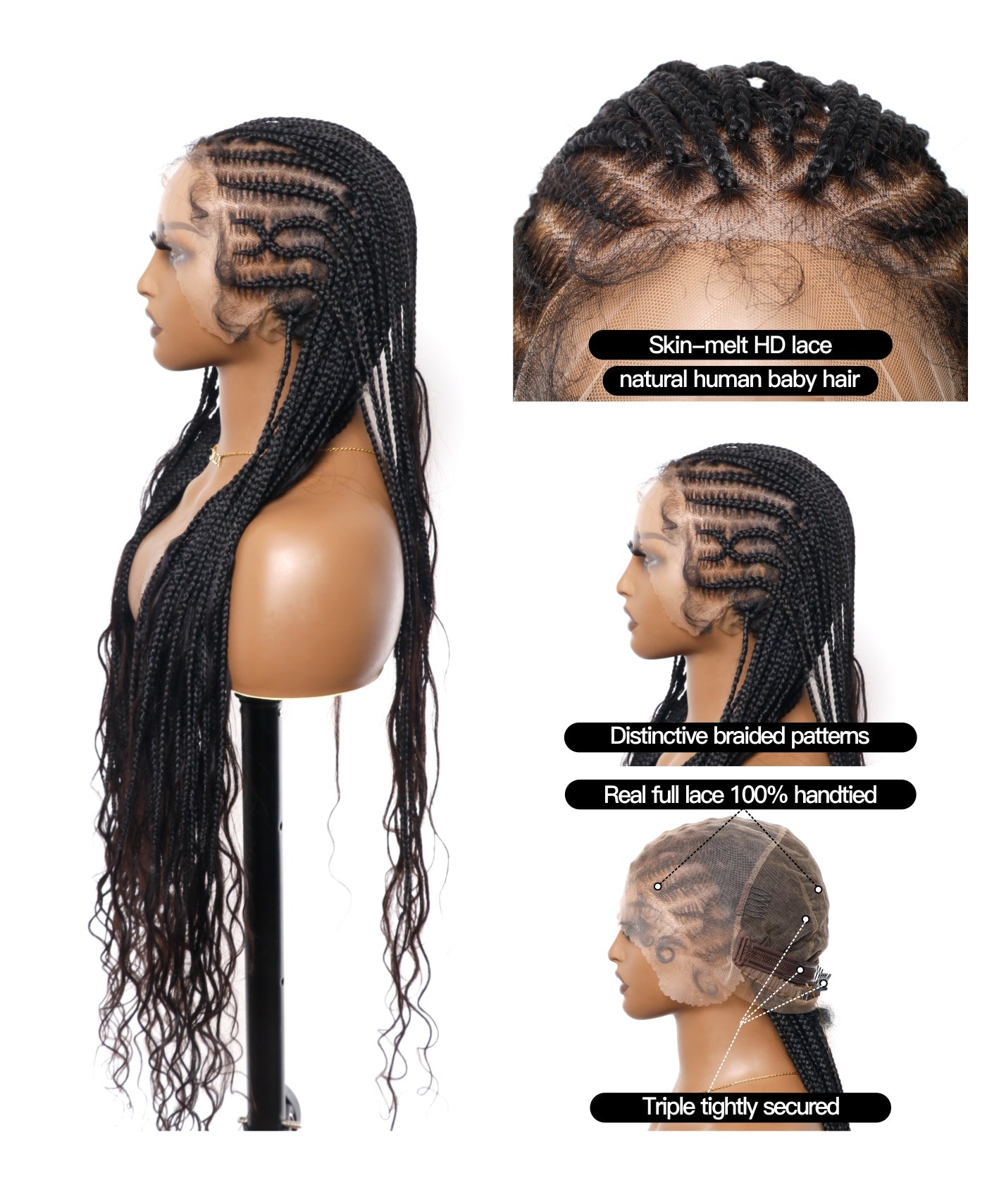Pre Bleached Human Hair Lace Box Mix Cornrow Human Hair Boho Curls Tangleless Braided Wig 79 Strands