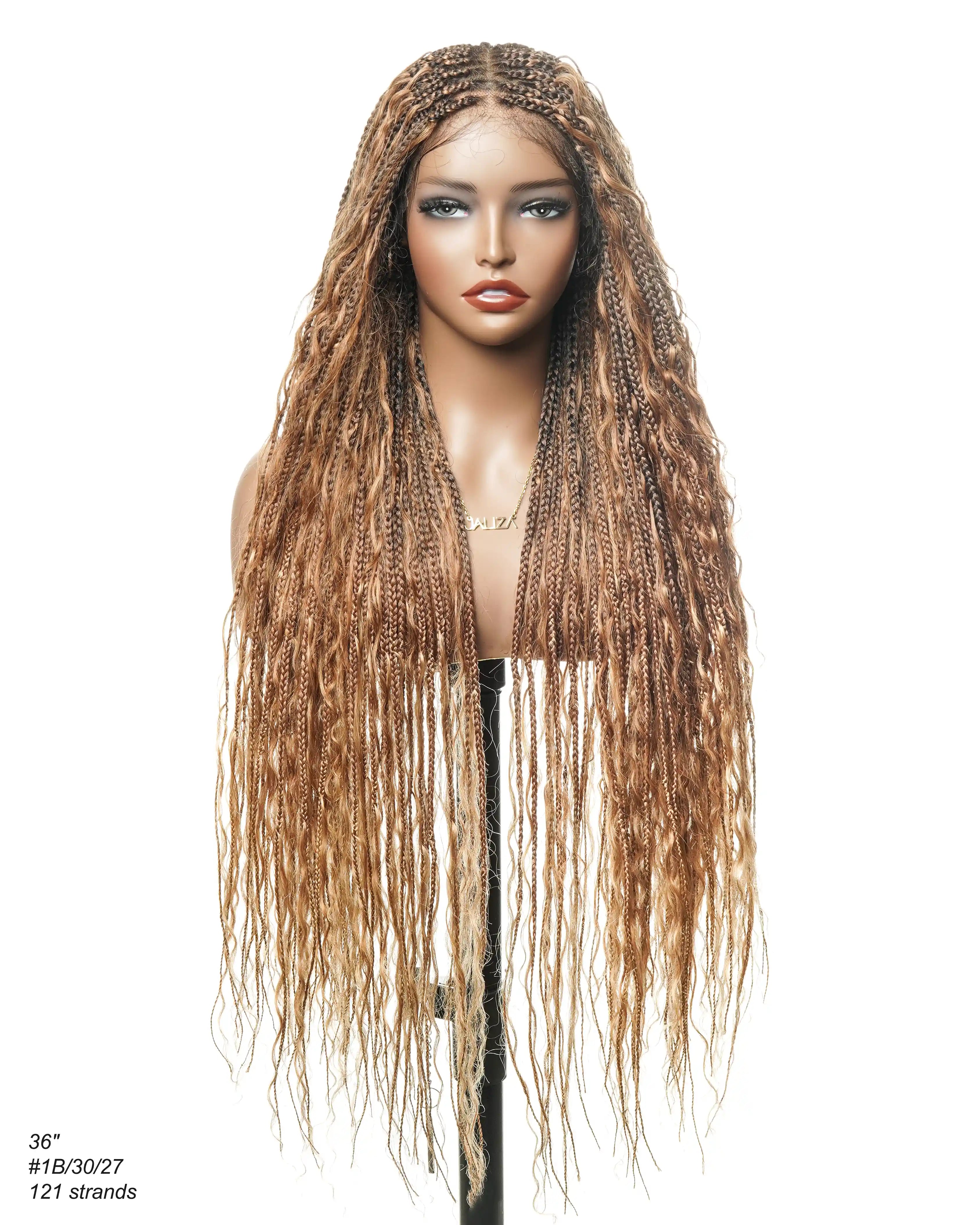 36" Blend Color #30/27 Pre Bleached HD Lace 121 Strands Super High Density Knotless Boho Box Braided Wig