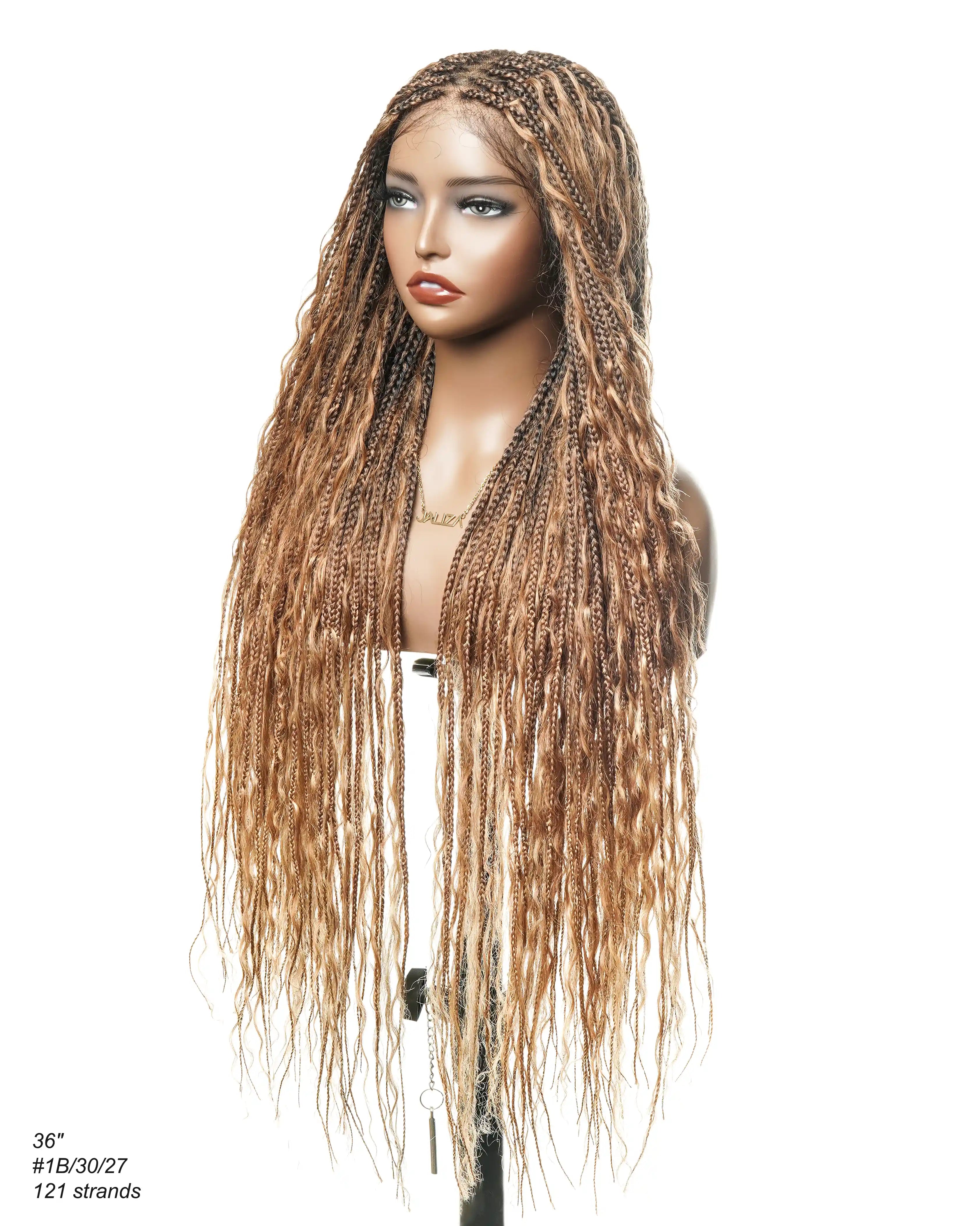 36" Blend Color #30/27 Pre Bleached HD Lace 121 Strands Super High Density Knotless Boho Box Braided Wig