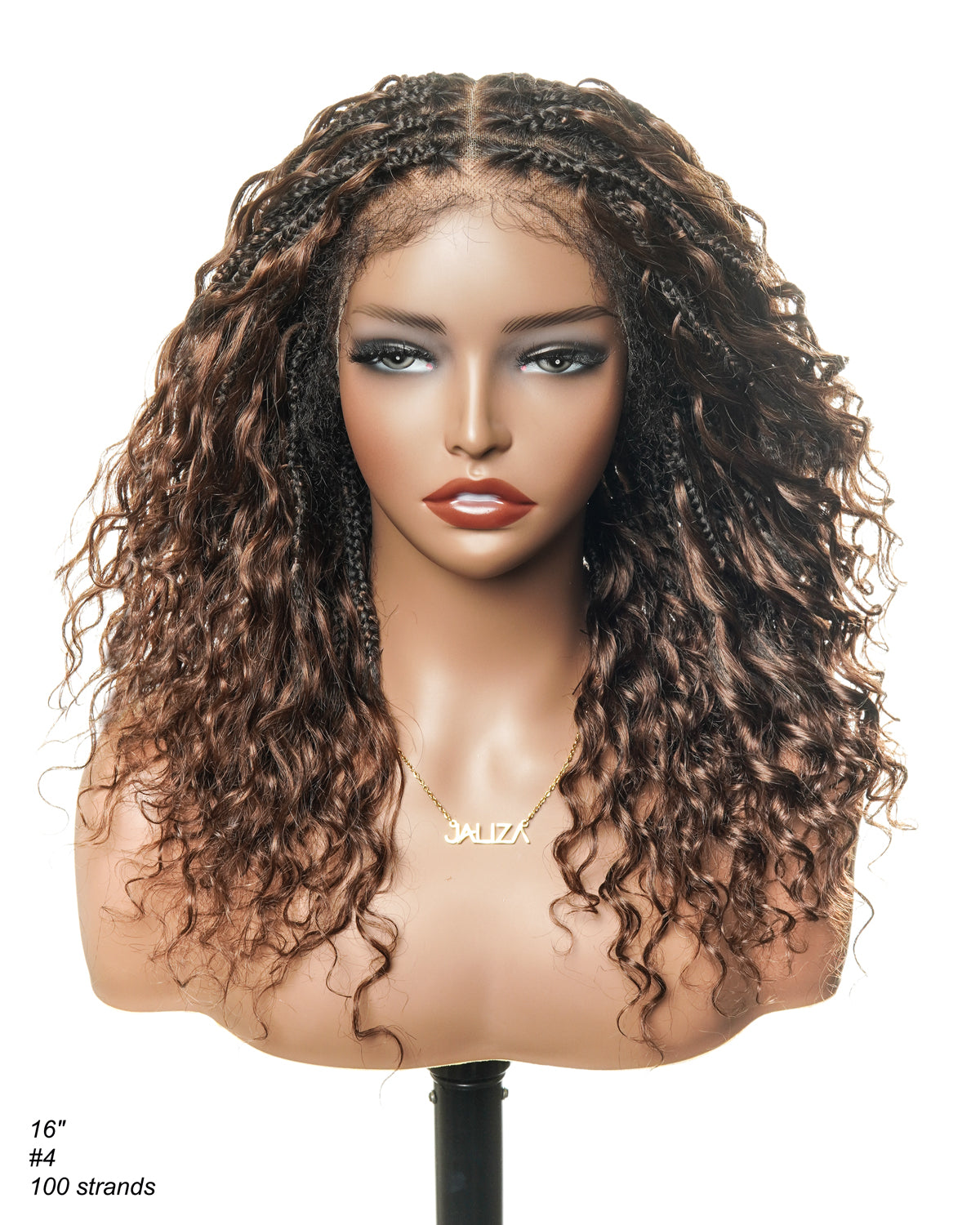Color #4 16" Human Hair Lace Base & Boho Curls HD Full Lace Boho Box Braided Wig