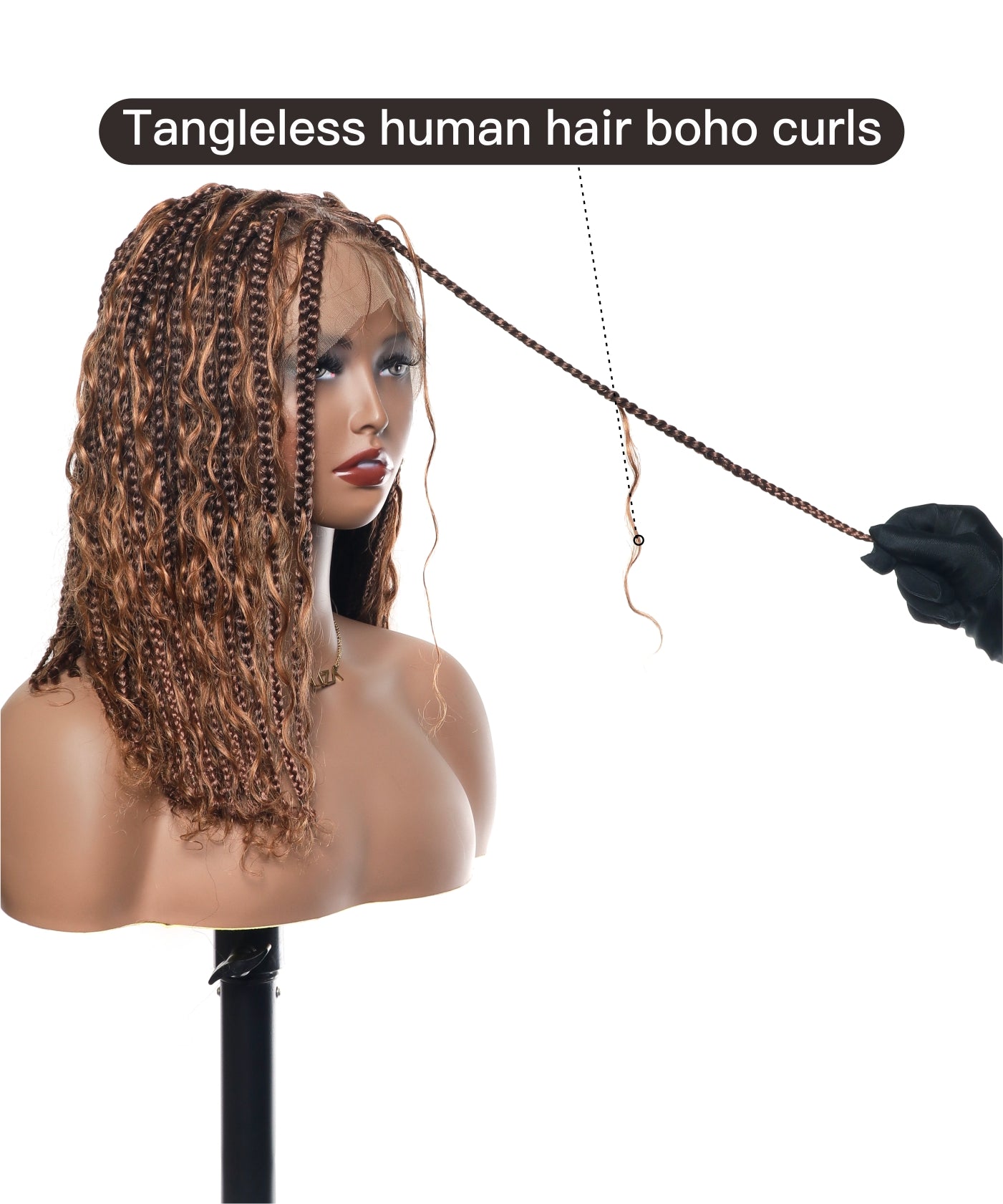 14" Human Hair Boho Curls High Density Triangle Base Knotless Boho Box Braided Wig 102 Strands