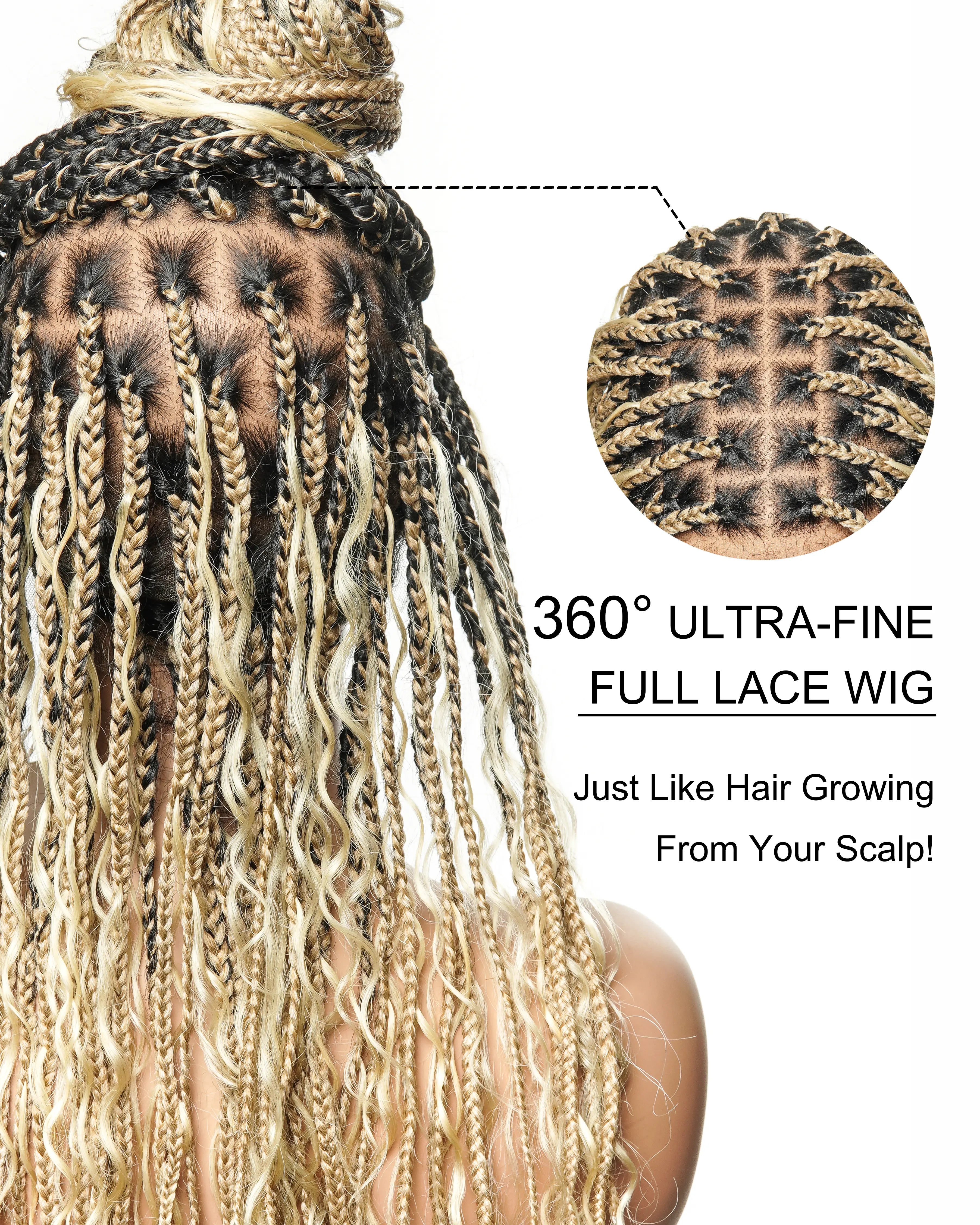24" 613 Blond HD Full Lace Human Hair Boho Curls Colored Boho Box Braided Wig