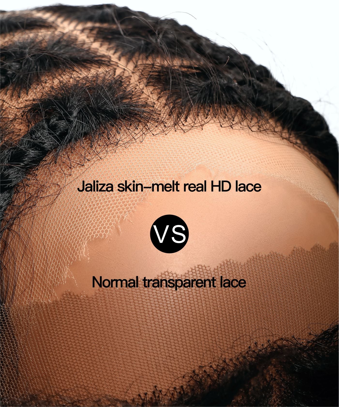 Close-up comparison image of JALIZA skin-melt real HD lace versus normal transparent lace on a braided wig, showing small knotless box braids and kinky baby hairs along the hairline for a natural scalp melt.