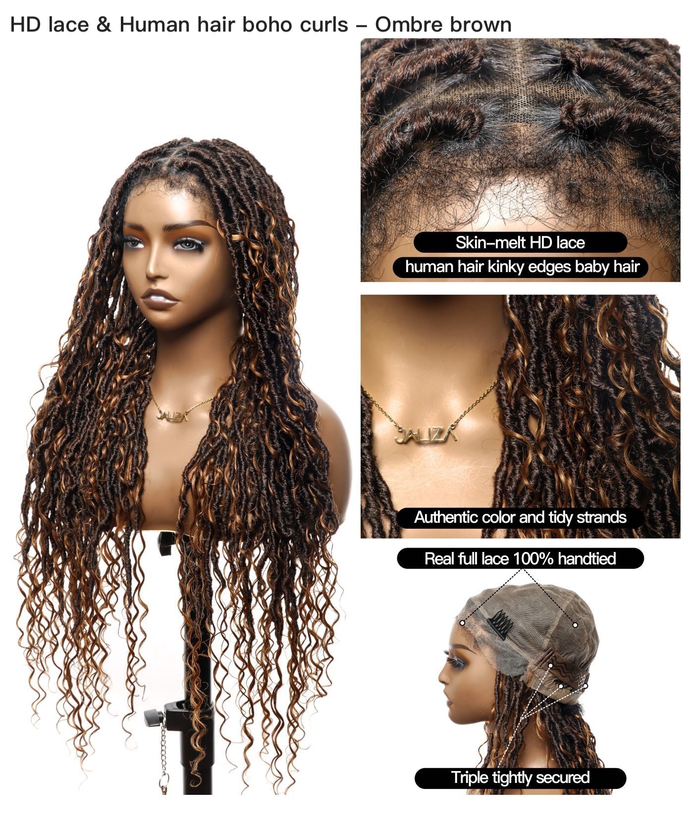 JALIZA 32 inch Ombre Brown Boho Locs Braids HD Lace Braided Wig (Mannequin - Front View)