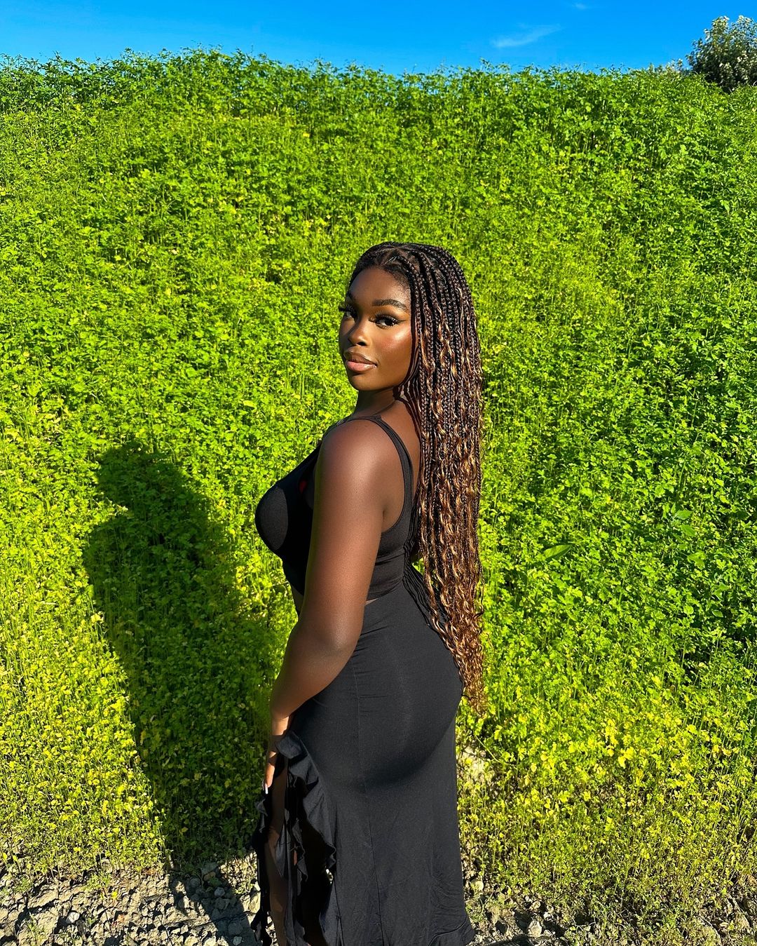 JALIZA High Density Triangle Base Knotless Boho Box Braided Wig, 36-inch, in Honey Blond 1B/27, worn by a model looking over her shoulder in a black dress against a lush green foliage wall.