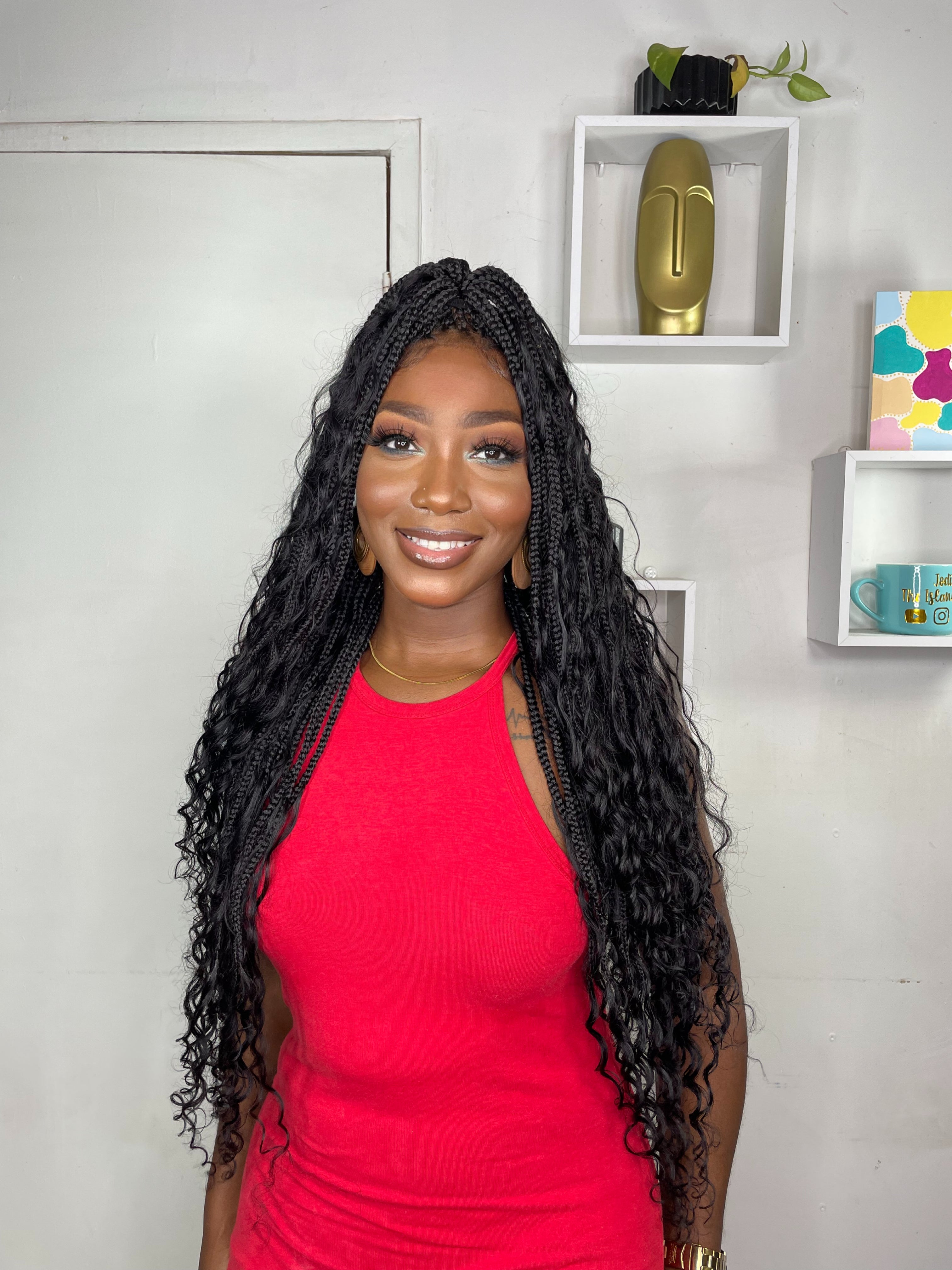 Triangle Base Human Hair Boho Curls 36" HD Full Lace Knotless Boho Box Braided Wig Full Density 99 Strands