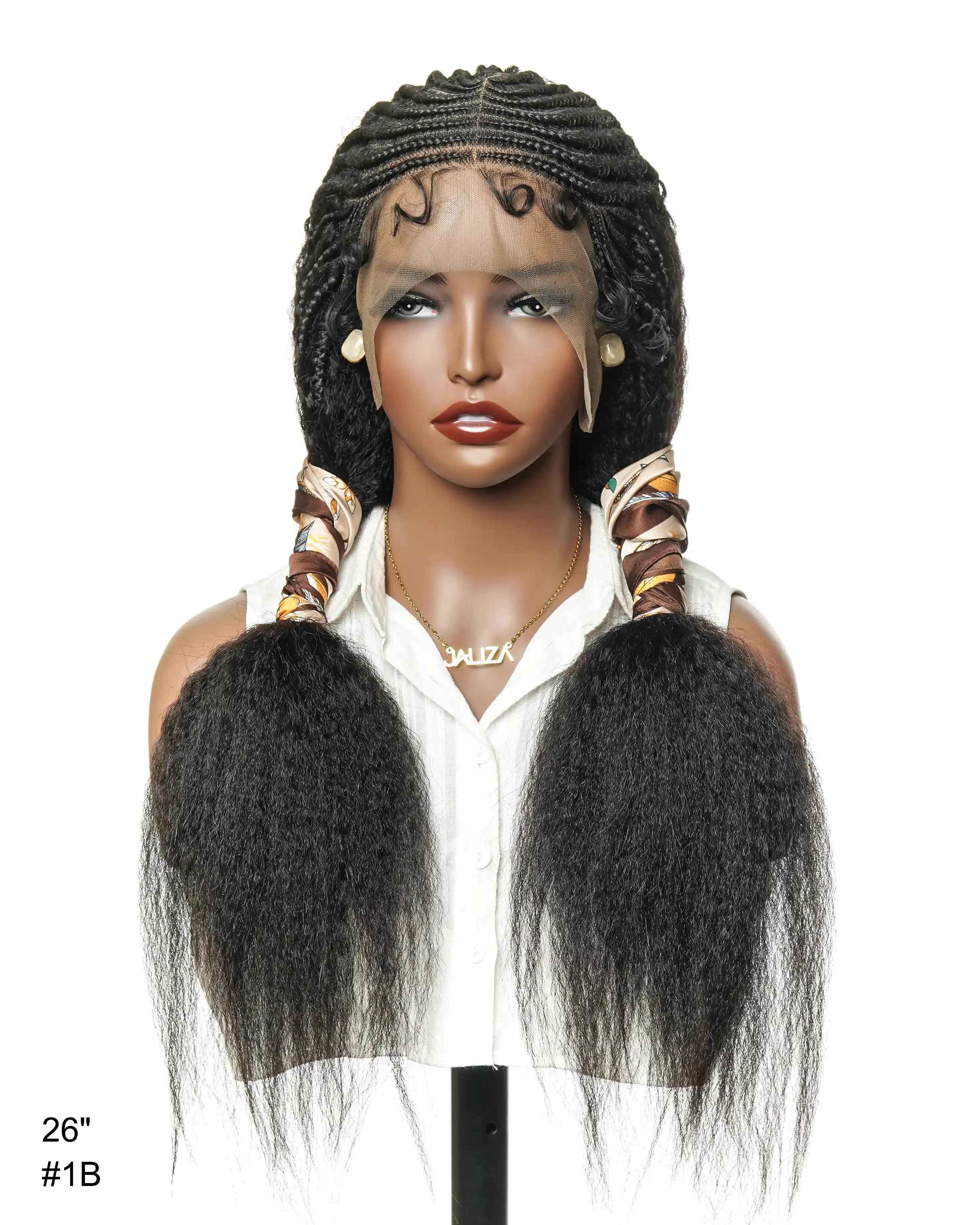 26" Multi Half Cornrow Crown with Extra Full Kinky Human Hair Wig