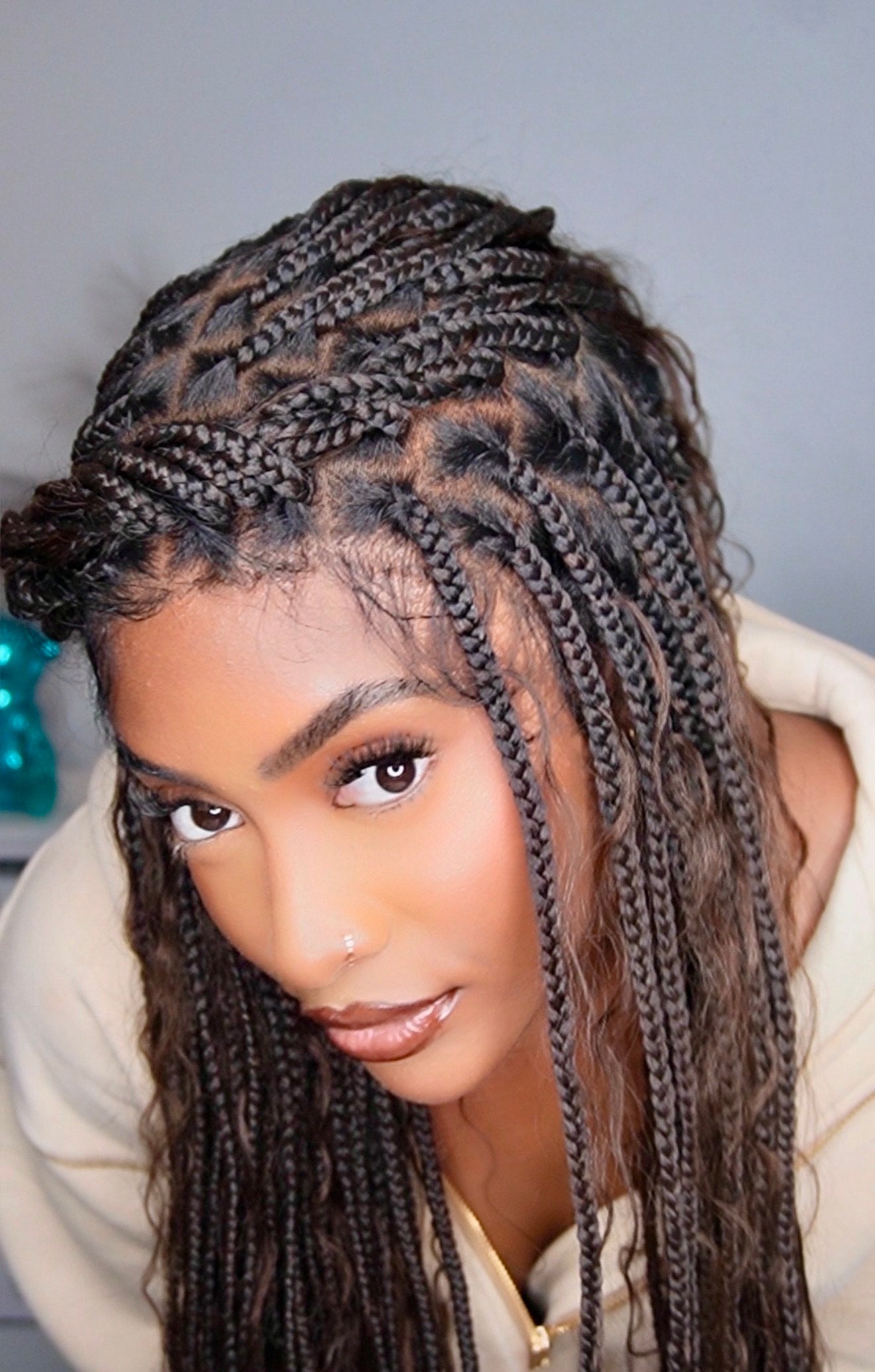 Mila - 18"/34" 100% Hand-tied Full Lace Human Hair Boho Curls Knotless Boho Braided Wig 88 Strands (Lightweight Volume)