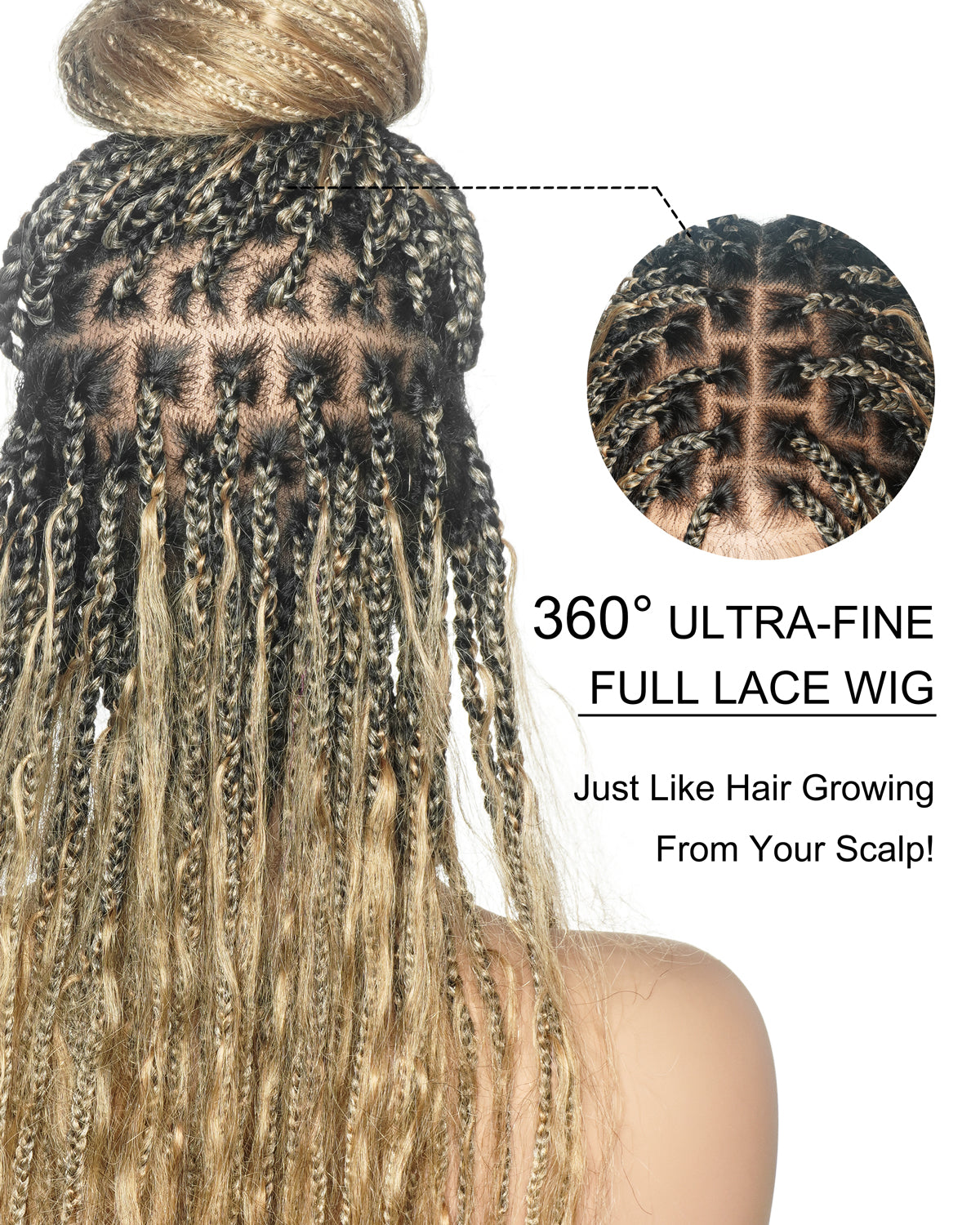 Mix Color 27/613 Human Hair Wet & Wavy Curls 36" Knotless Boho Box Pre Bleached HD Full Lace Braided Wig
