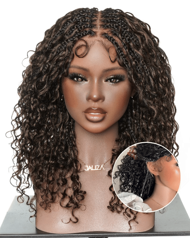 Nami 18" Drawstring Cap Color #4 Water Wave Human Hair Curls Pre Bleached HD Full Lace Knotless Boho Box Braided Wig