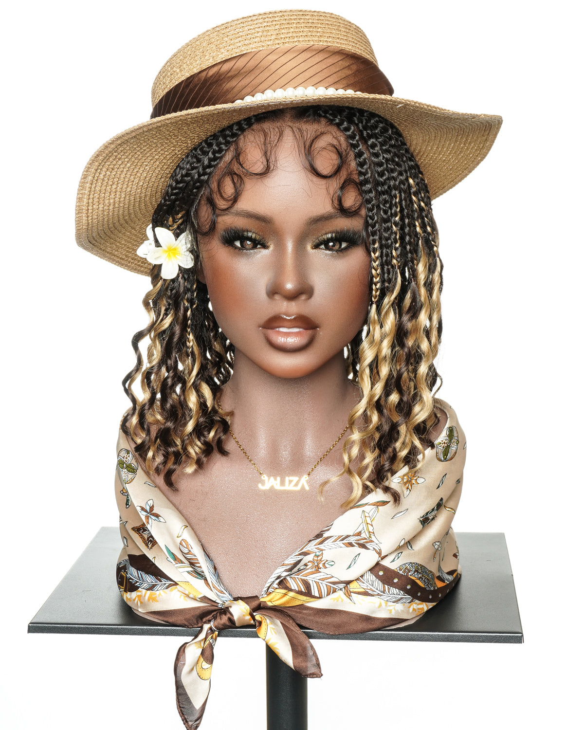Nina - Short Pre Bleached HD Full Lace Knotless Box Braided Wig With Human Hair Curly Ends