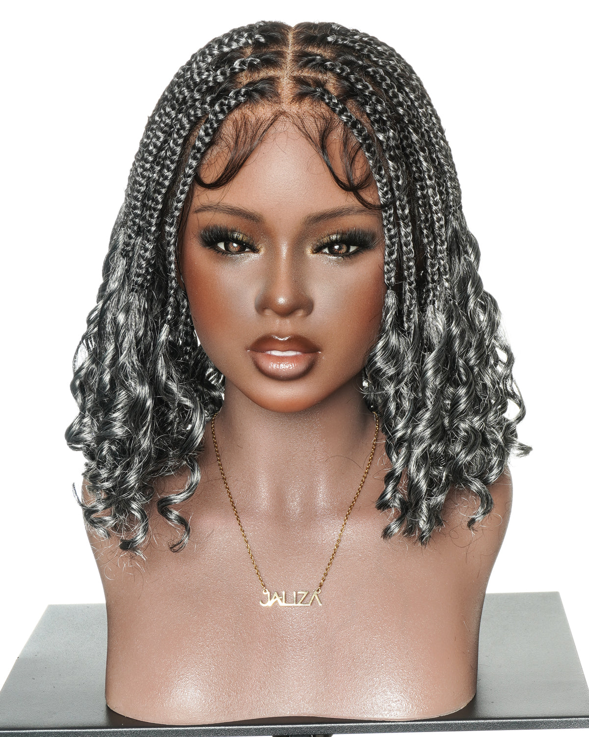 Nina - Short Pre Bleached HD Full Lace Knotless Box Braided Wig With Human Hair Curly Ends