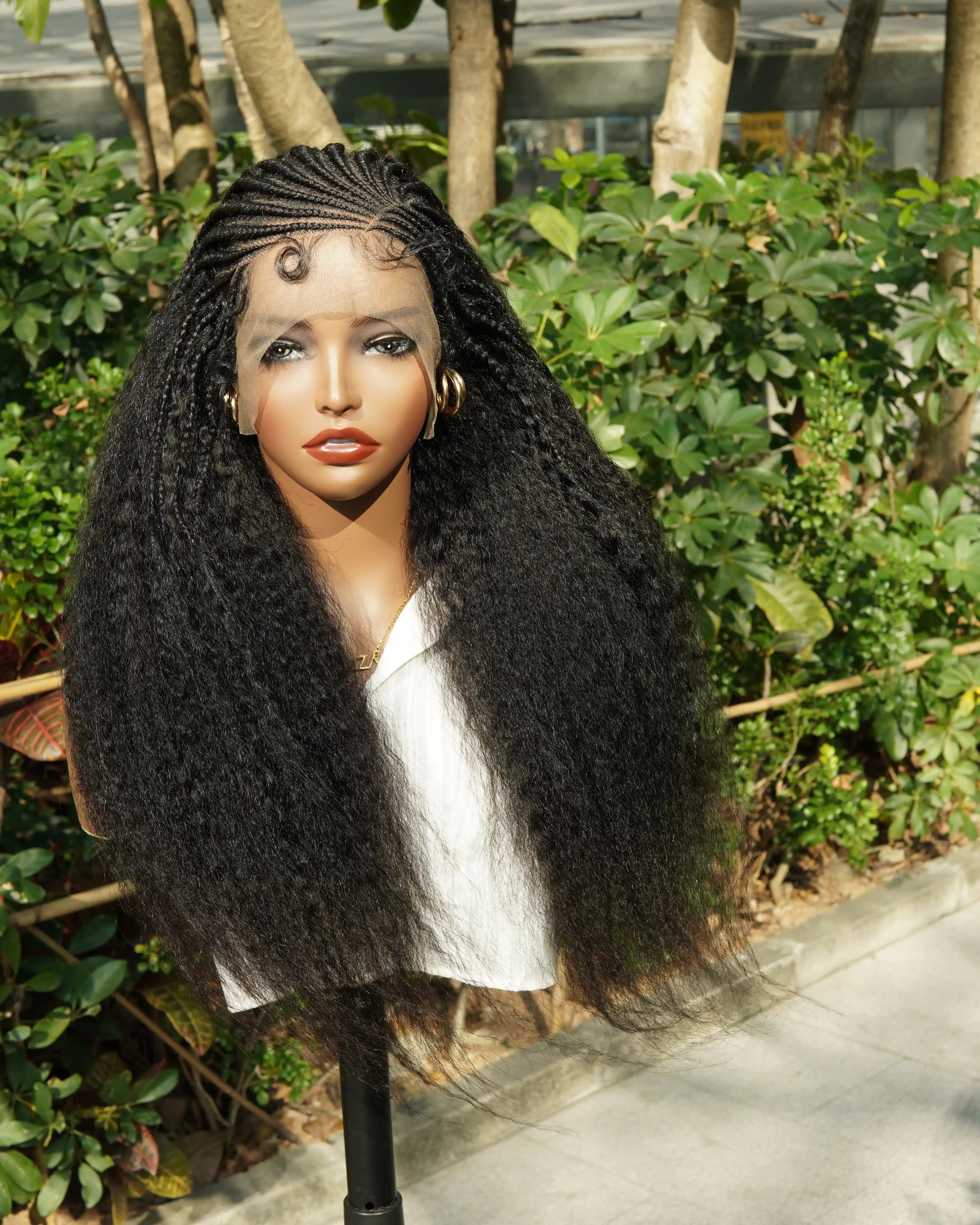 26" Multi Half Cornrow Crown with Extra Full Kinky Human Hair Wig