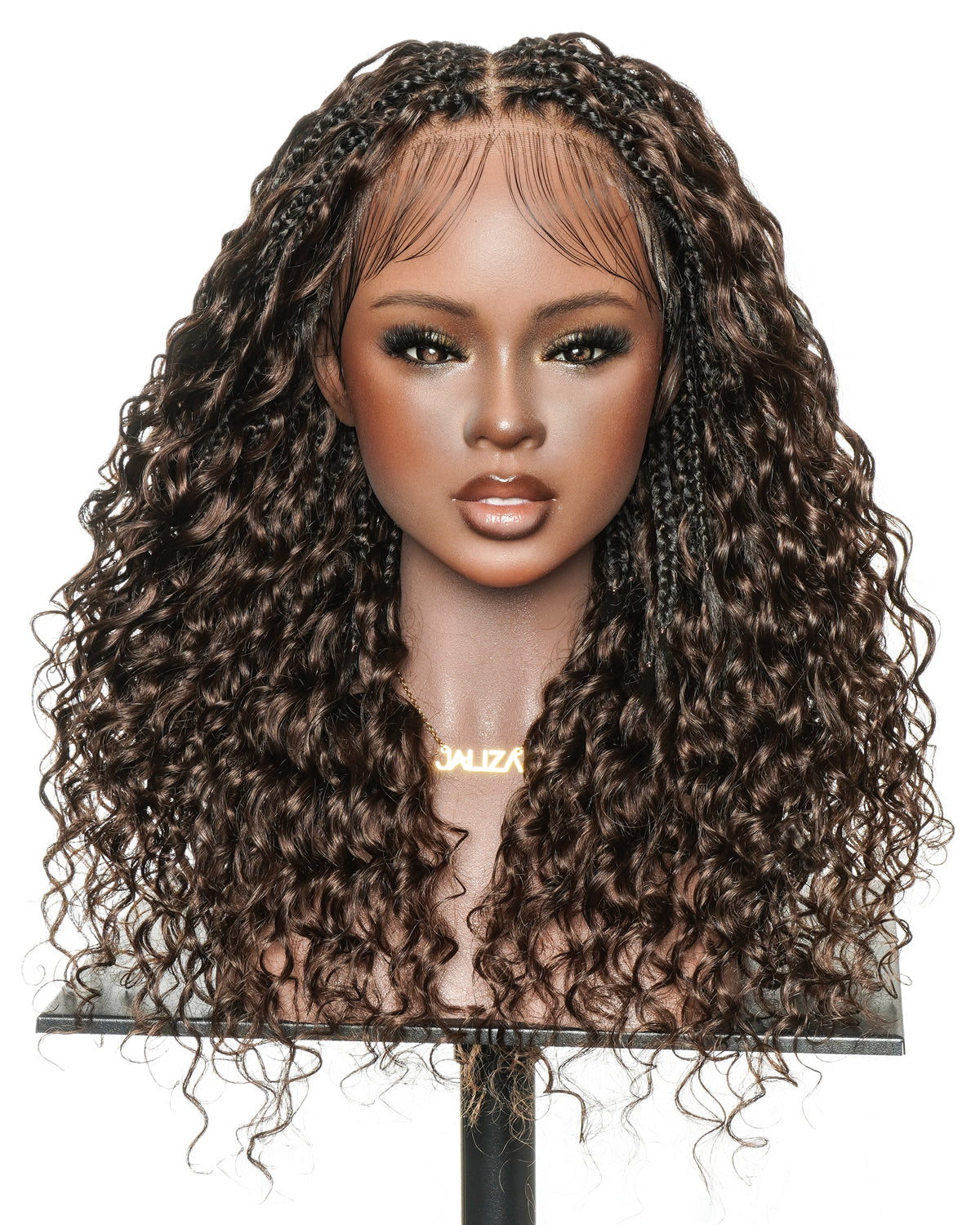 Tiana - 22" Bora Bora Dark Brown #4 Pre Bleached Human Hair Curls Swiss HD Full Lace Boho Box Braided Wig