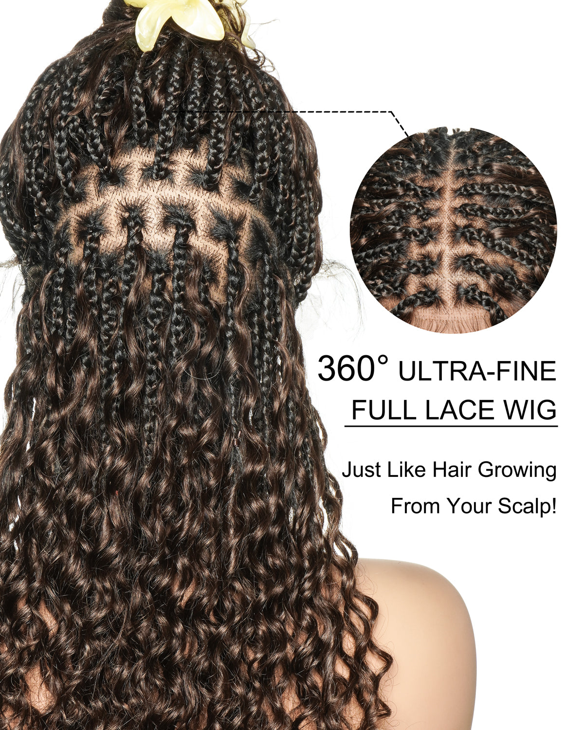 Tiana - 22" Spanish Curl Dark Brown #4 Pre Bleached Human Hair Boho Swiss HD Full Lace Braided Wig