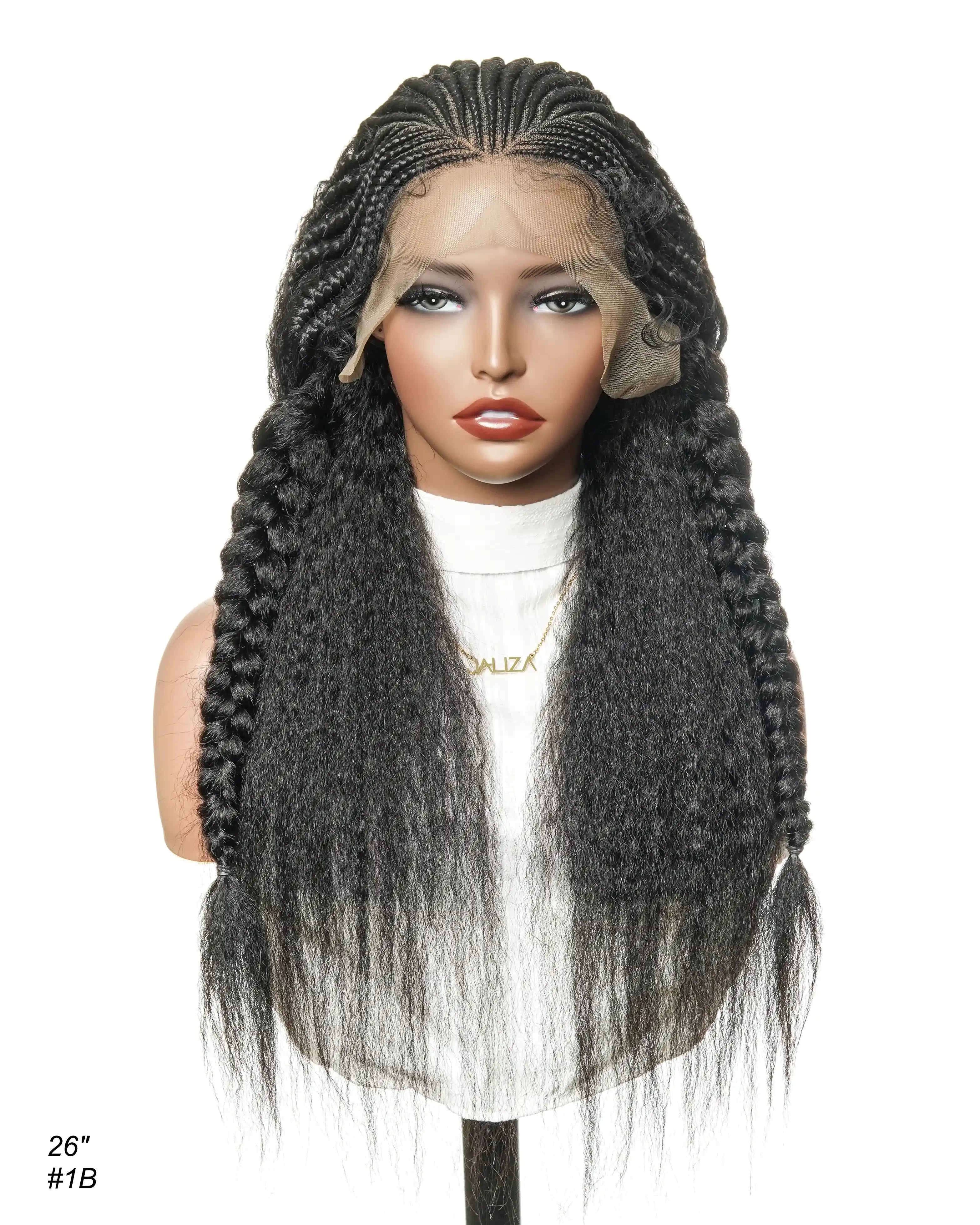 26" Multi Half Cornrow Crown with Extra Full Kinky Human Hair Wig