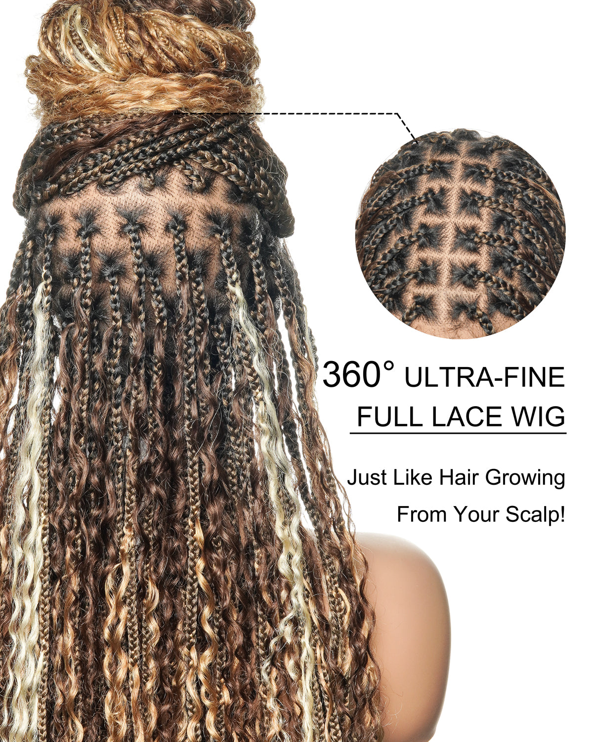 Solana - Human Hair Pre Bleached Lace Swiss HD Full Lace Blend Color 1B 4 30 27 613 Human Hair Boho Style Boho Box Braided Wig