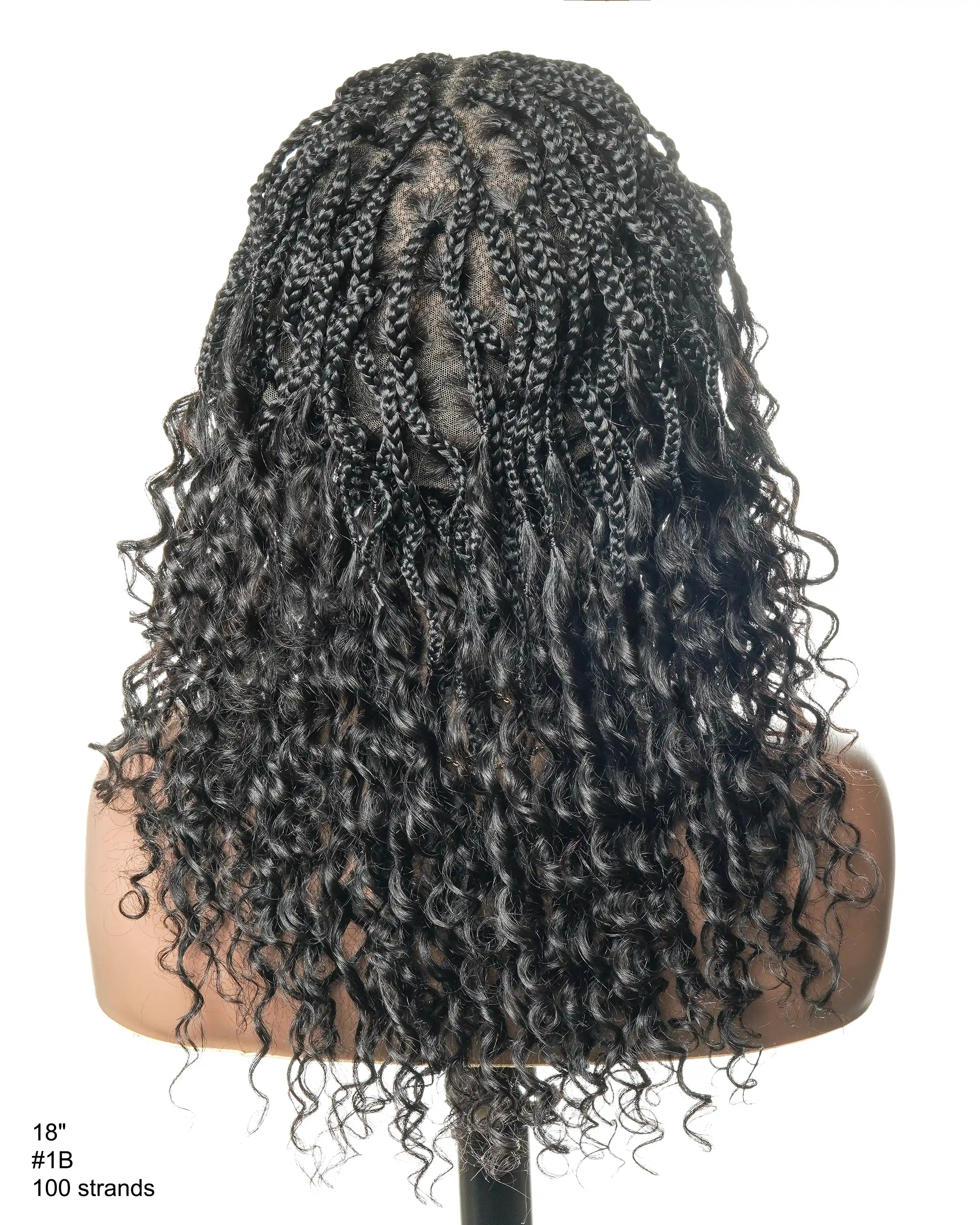 18" Wavy Box Braided Wig With Human Hair Curly Ends Pre Bleached Knots