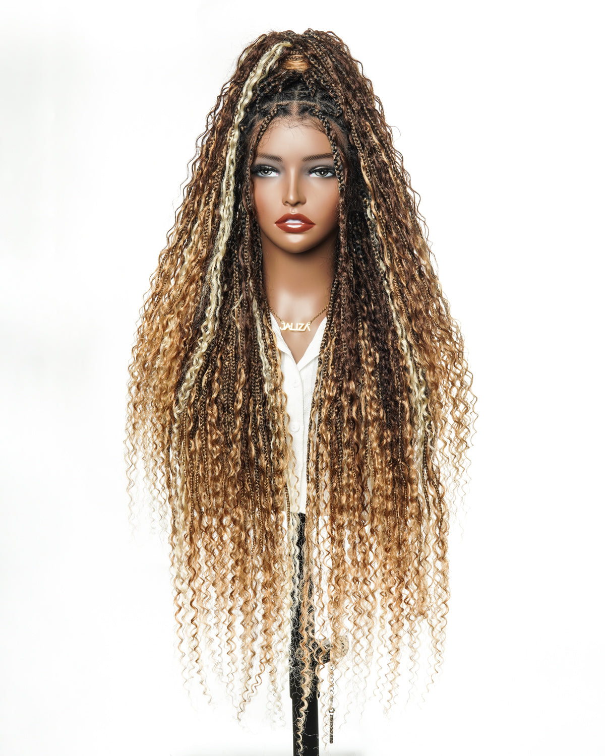 Solana - Human Hair Pre Bleached Lace Swiss HD Full Lace Blend Color 1B 4 30 27 613 Human Hair Boho Style Boho Box Braided Wig