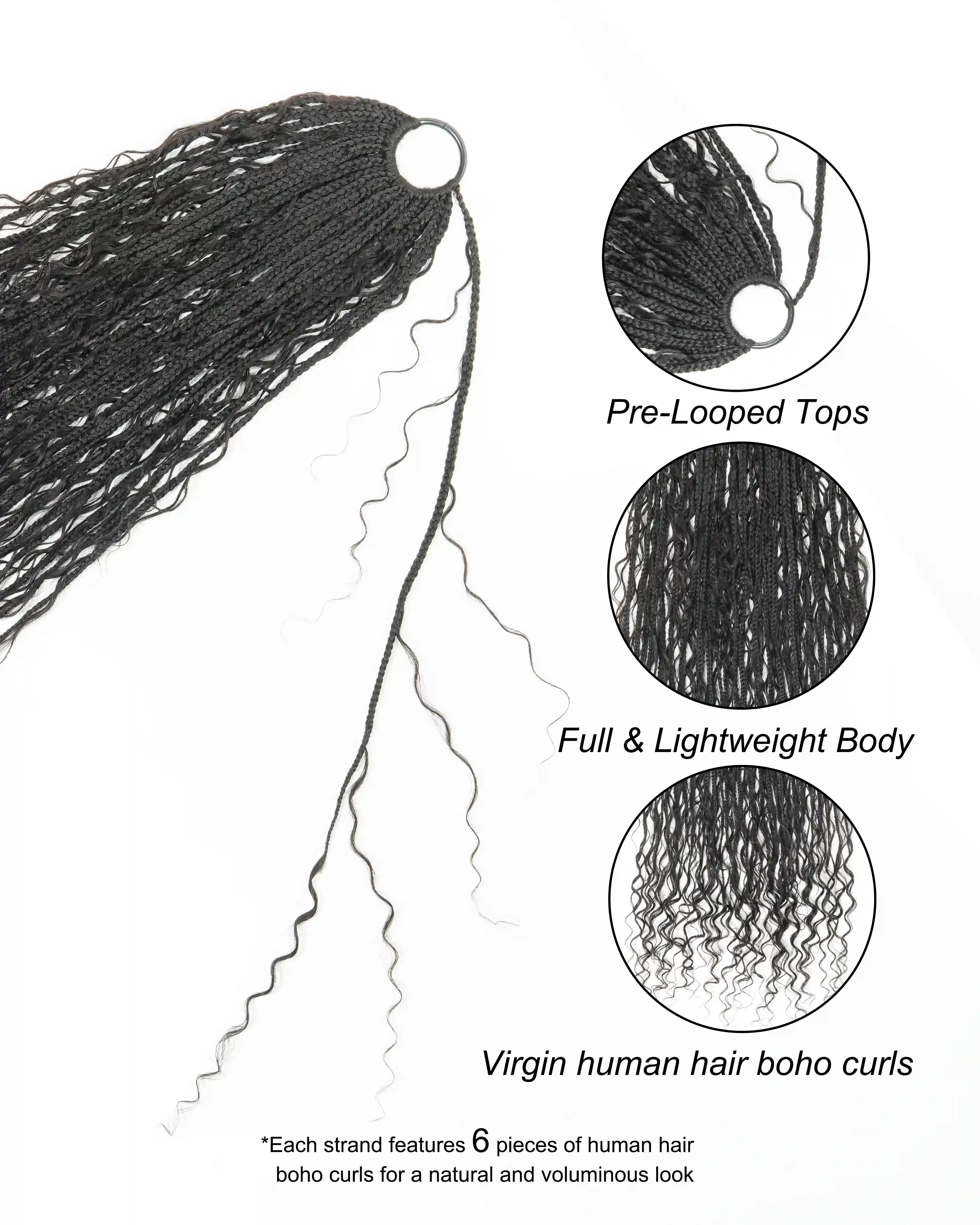 30" Pre Looped Human Hair Crochet Boho Braids 90 Strands/Pack (6 Boho Curls)