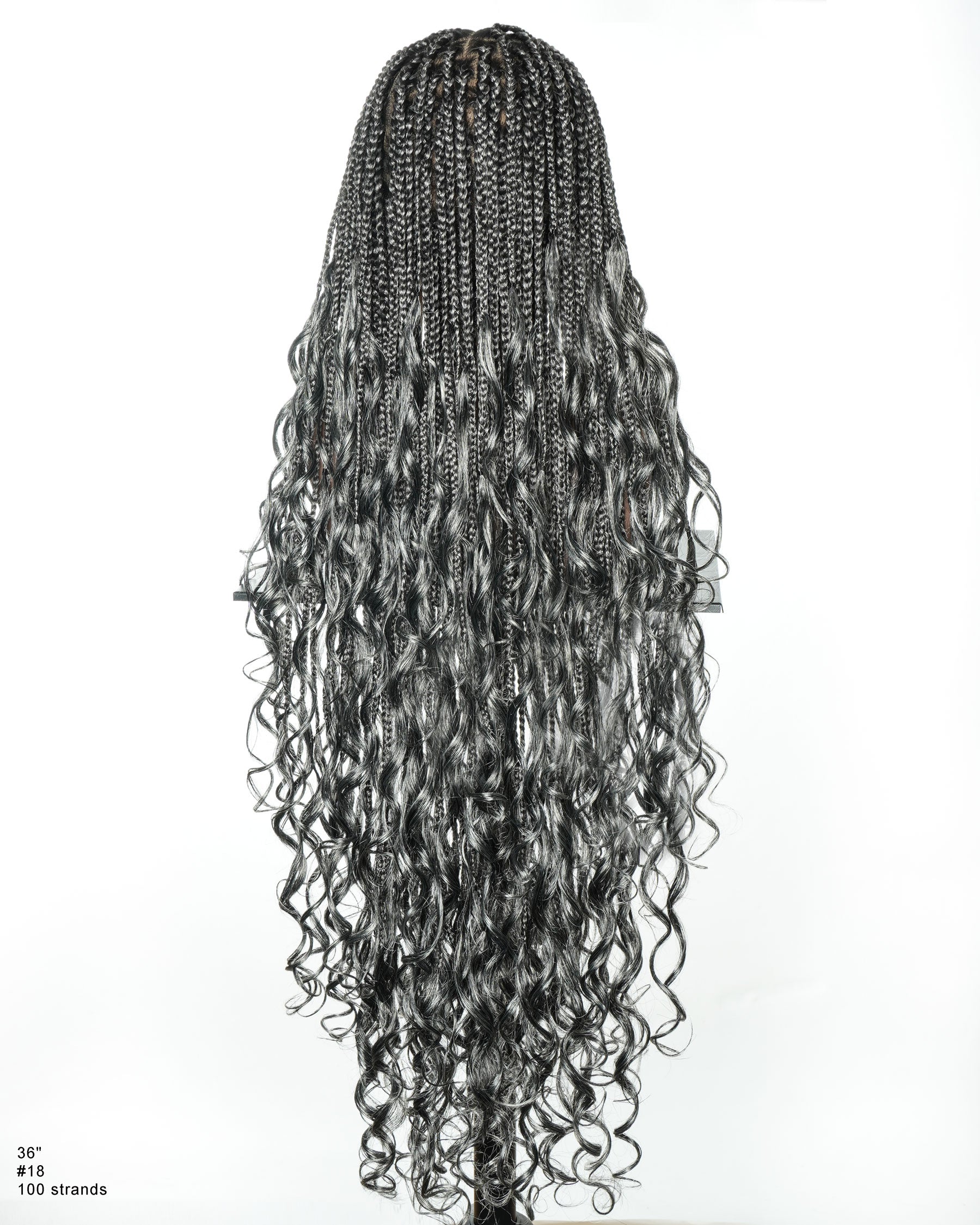 36" Salt & Pepper Blend Human Hair French Curls Knotless Box Braided Wig