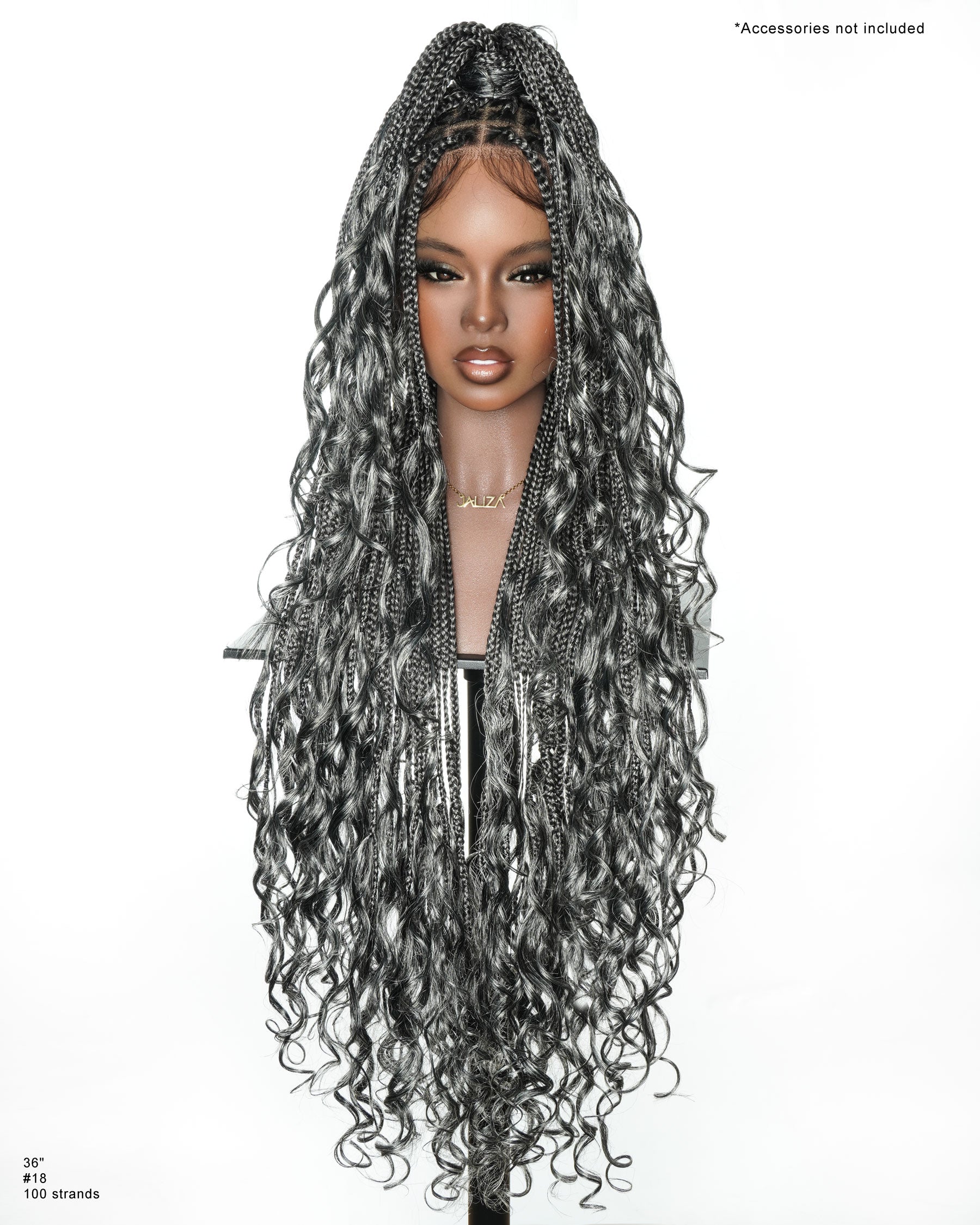 36" Salt & Pepper Blend Human Hair French Curls Knotless Box Braided Wig