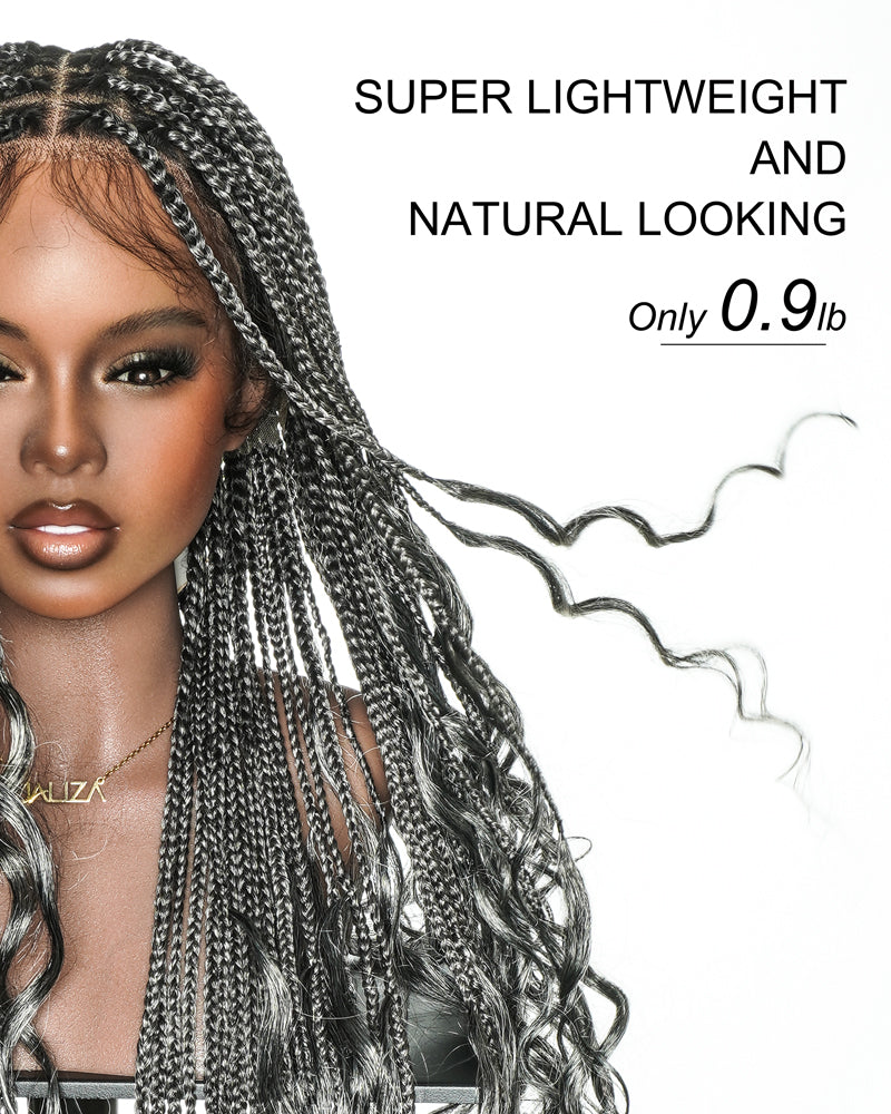 36" Salt & Pepper Blend Human Hair French Curls Knotless Box Braided Wig