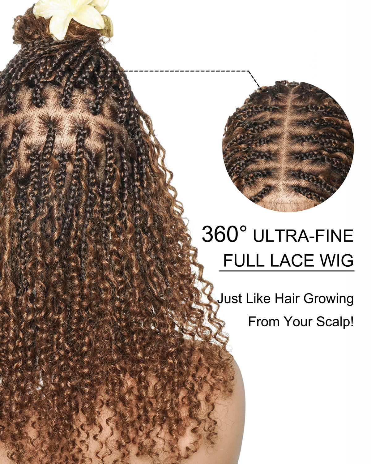 Brown Color Bora Bora 18" Pre Bleached HD Full Lace Human Hair Curly Boho Box Braided Wig