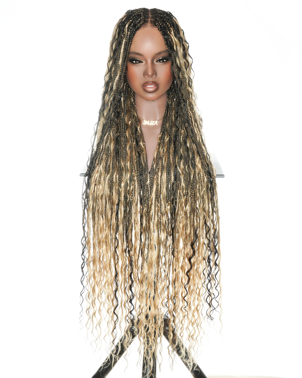 36" Boho Braided Full Lace Wig - HD Swiss Lace & Human Hair Curls - 1B/27 Blend