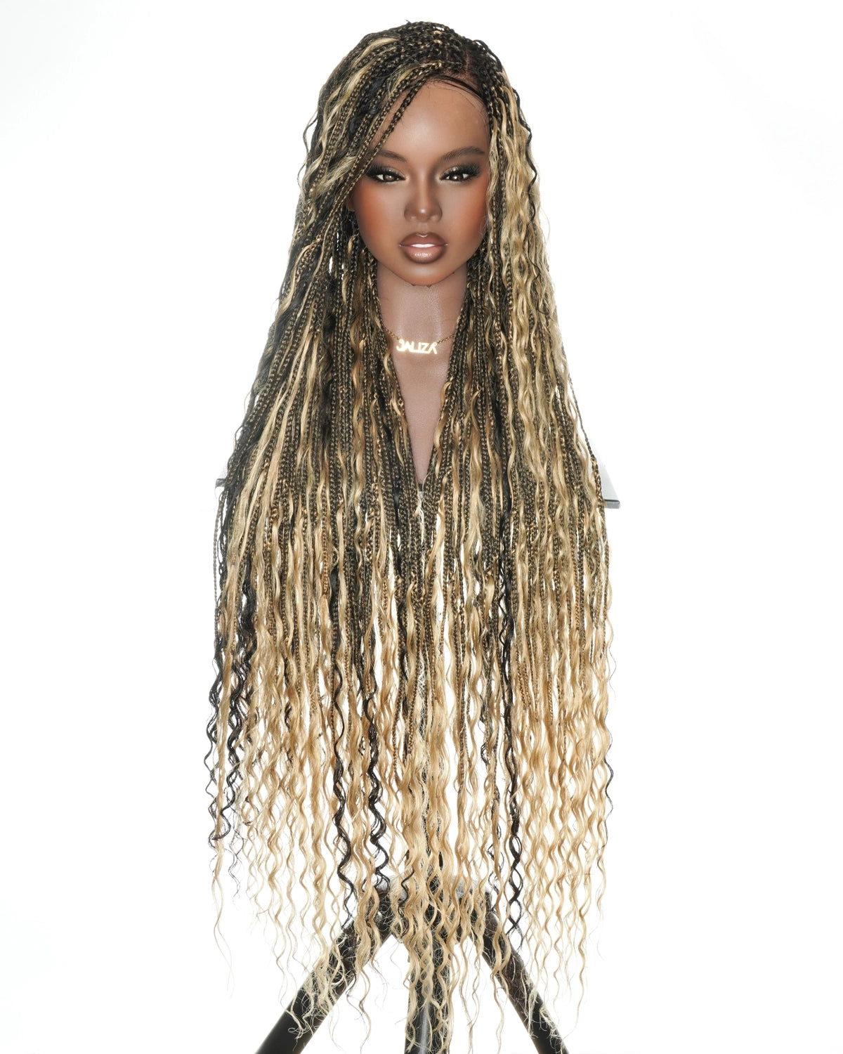 36" Boho Braided Full Lace Wig - HD Swiss Lace & Human Hair Curls - 1B/27 Blend