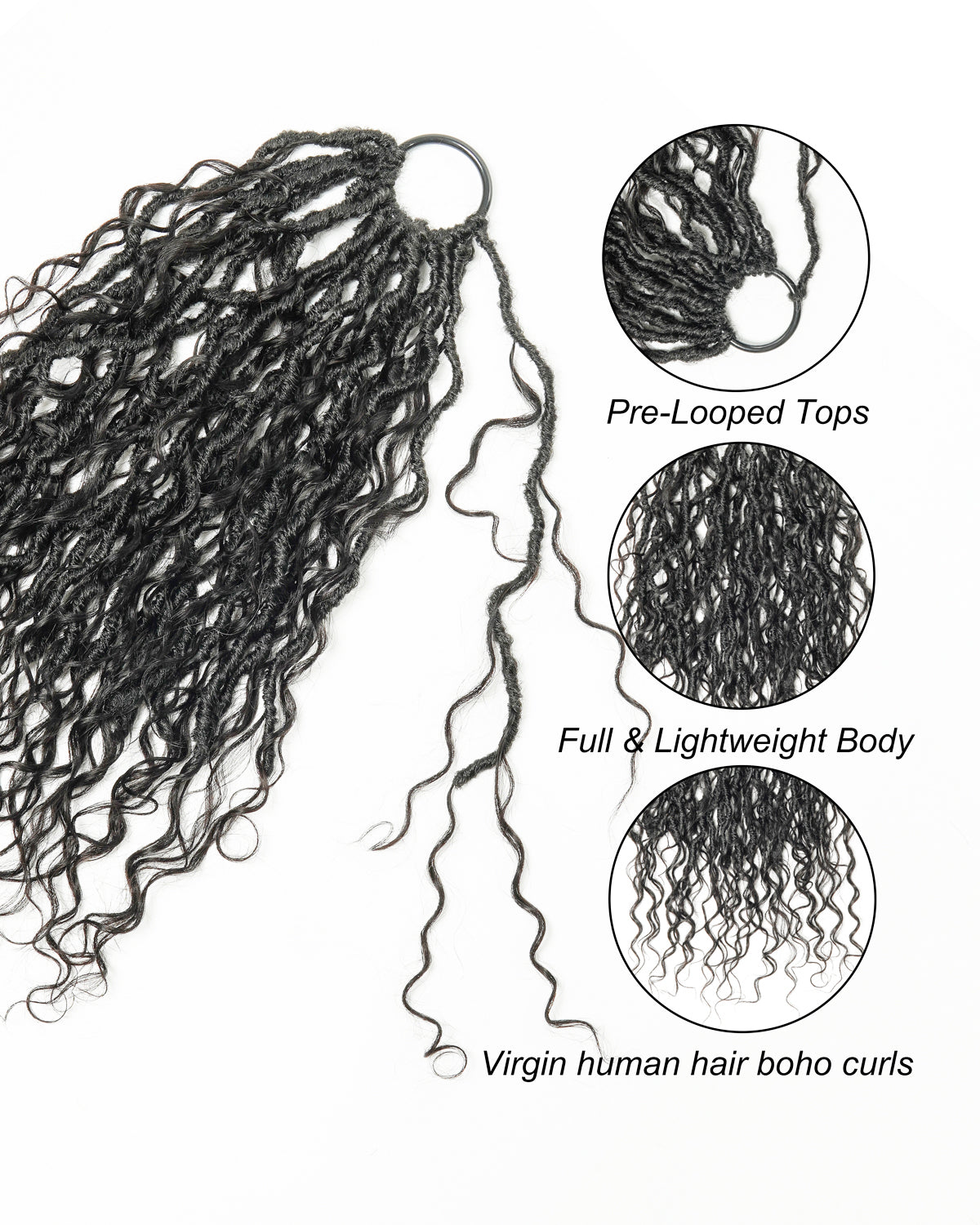 18" Pre Looped Crochet Boho Locs With Human Hair Boho Curls 80 Strands/Pack (5 boho curls)
