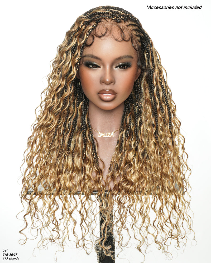 Avery Fulani Human Hair Glueless Swiss HD Lace Cornrow Frontal Boho Box Braided Wig Deep Wave 24 Inches