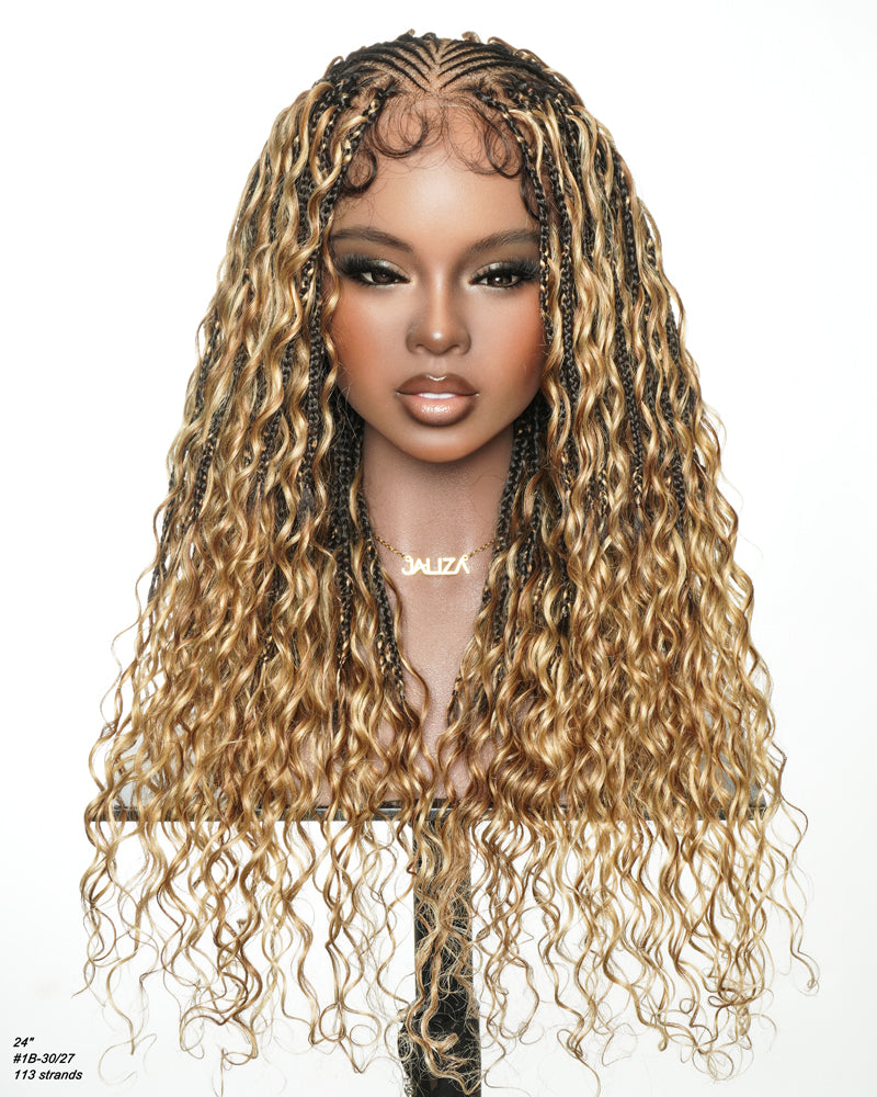 Avery Fulani Human Hair Glueless Swiss HD Lace Cornrow Frontal Boho Box Braided Wig Deep Wave 24 Inches