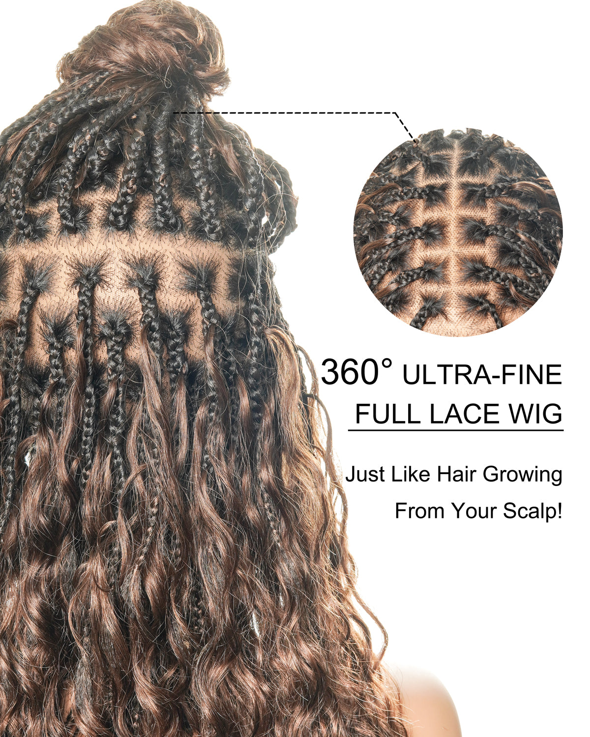 Color #4 16" Human Hair Lace Base & Boho Curls HD Full Lace Boho Box Braided Wig