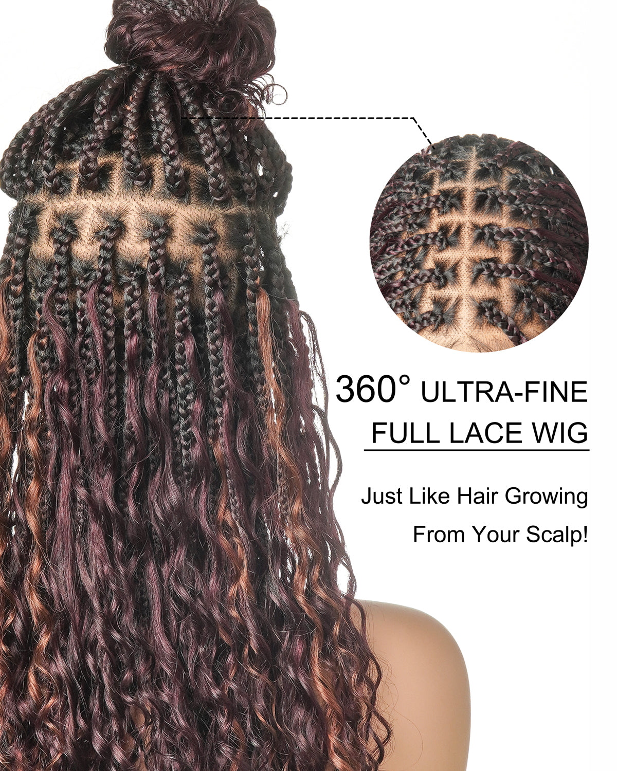 Dark Burgundy 99J Pre Bleached HD Full Lace Human Hair Boho Curls Boho Box Braided Wig 100 Strands