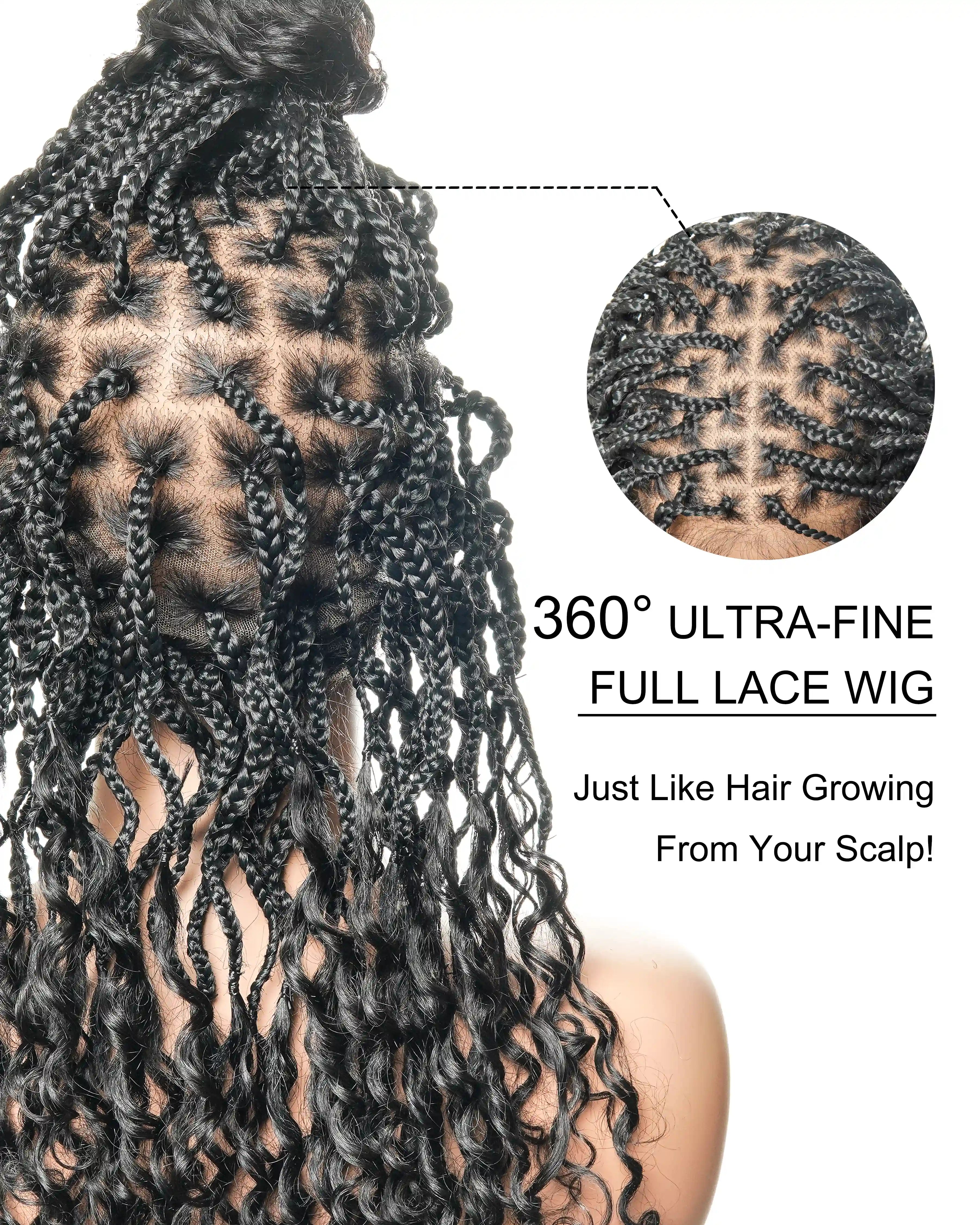 18" Wavy Box Braided Wig With Human Hair Curly Ends Pre Bleached Knots