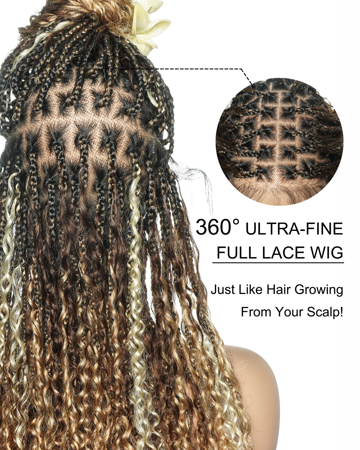 Solana - Human Hair Pre Bleached Lace Swiss HD Full Lace Blend Color 1B 4 30 27 613 Human Hair Boho Style Boho Box Braided Wig