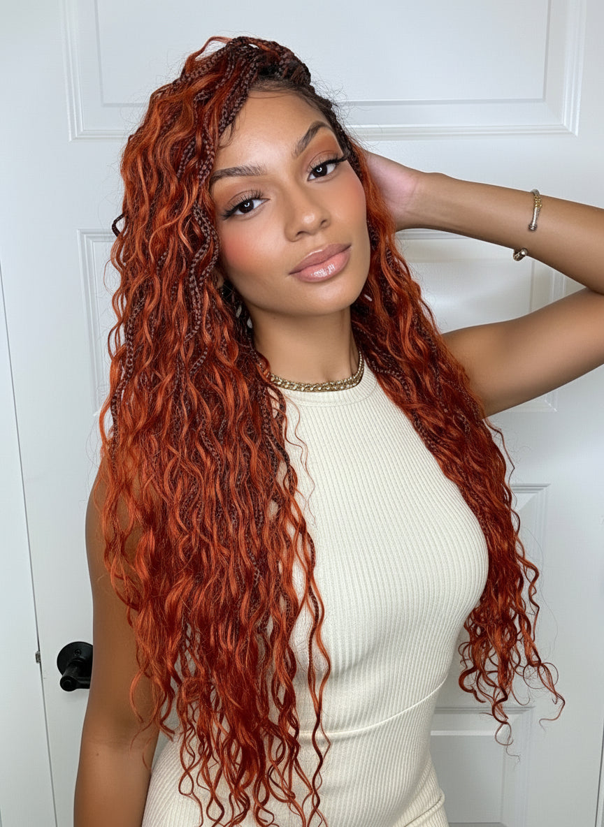 Ginger Color Human Hair Boho Curls Wavy Box With Swiss HD Pre Bleached Full Lace Base 100 Strands Boho Box Braided Wig