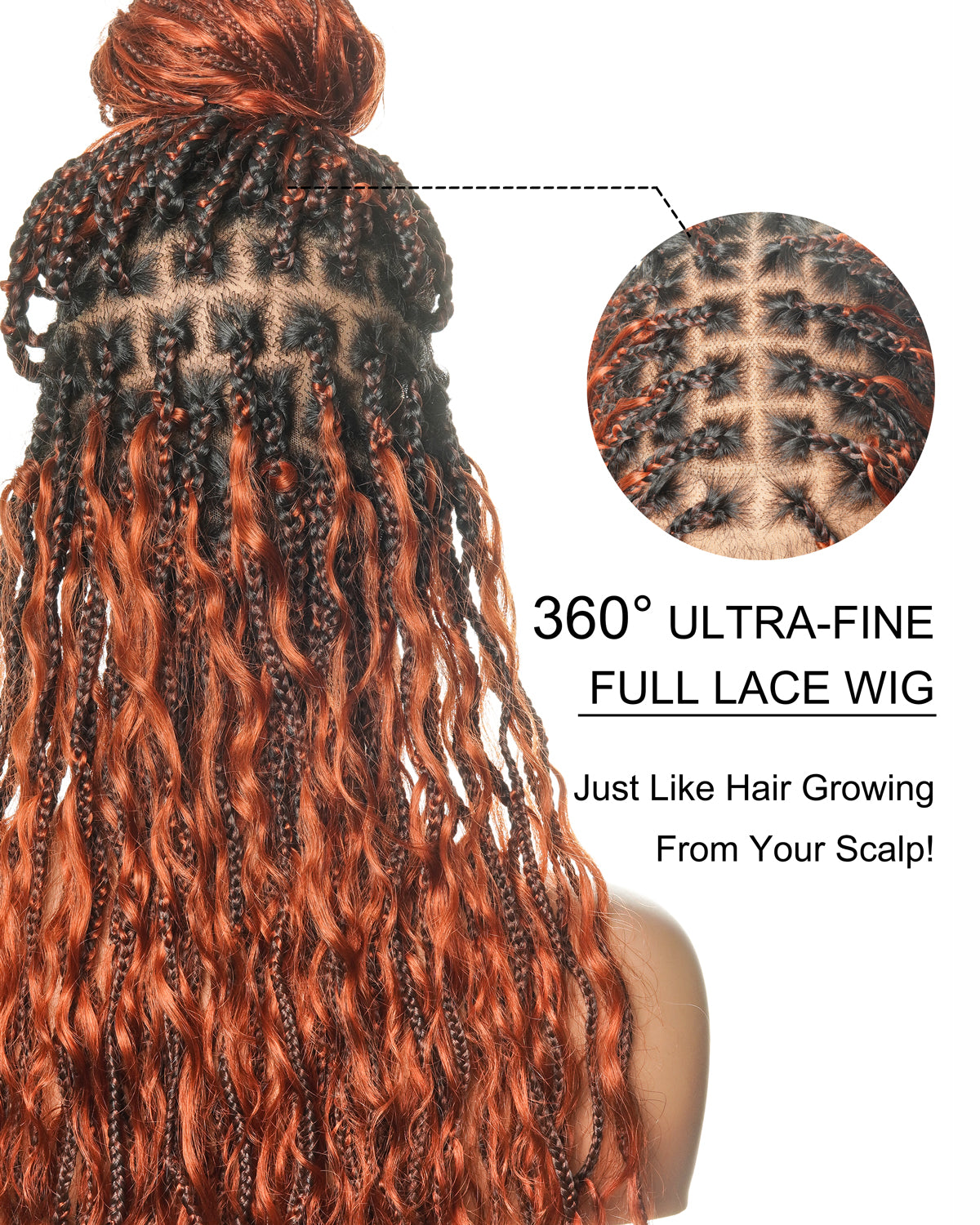 Ginger Color Human Hair Boho Curls Wavy Box With Swiss HD Pre Bleached Full Lace Base 100 Strands Boho Box Braided Wig