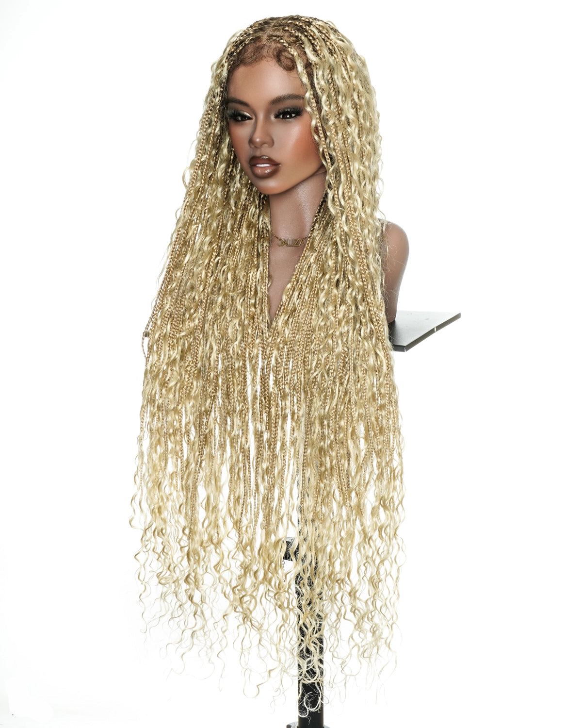 High Density Color 27/613 Pre-Bleached Swiss HD Full Lace Glueless Boho Box Braided Wig (with Human Hair Boho Curls & Drawstring)