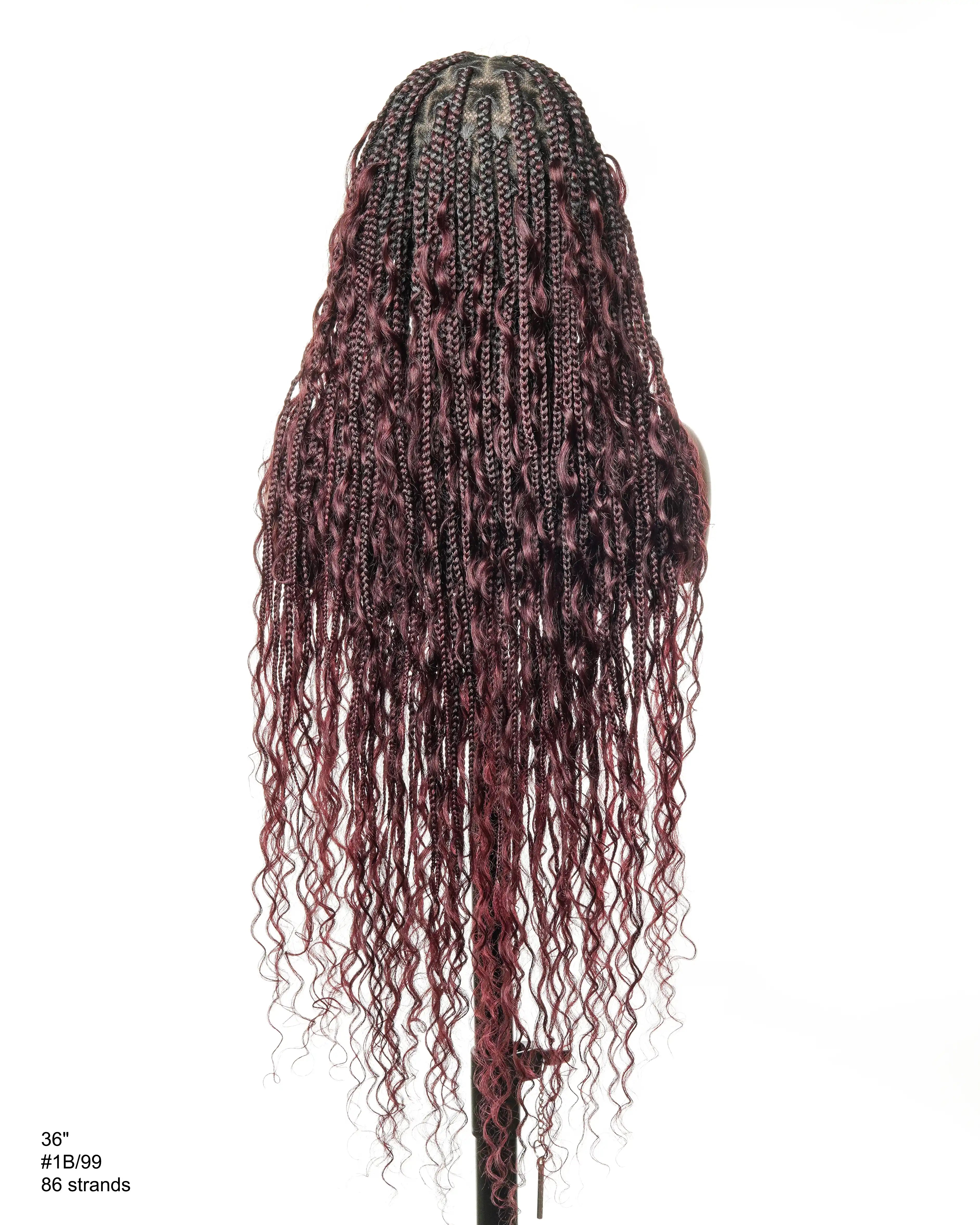 100% Hand-Tied Full Transparent Lace Human Hair Boho Curls Knotless Boho Box Braided Wig 86 Strands