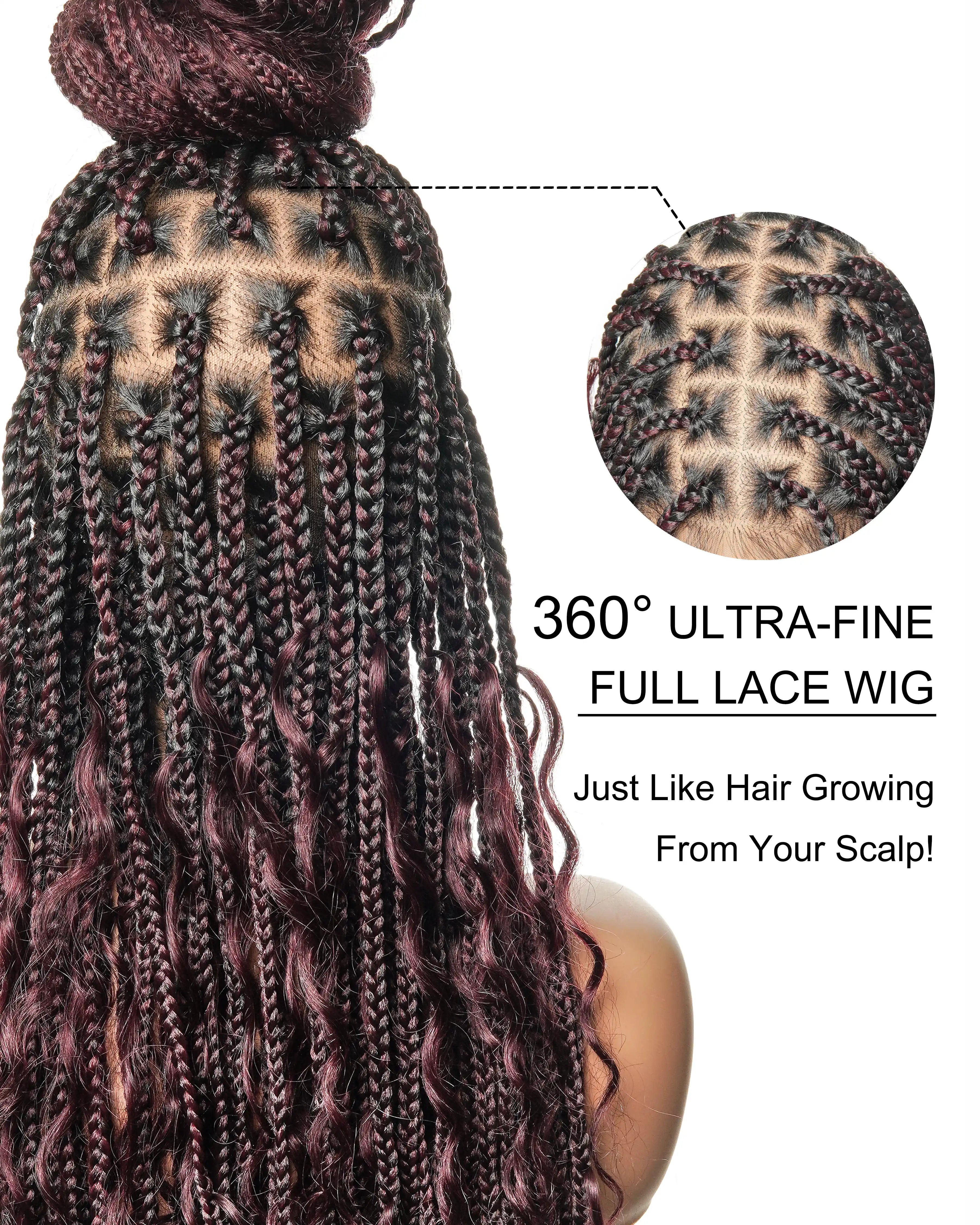 100% Hand-Tied Full Transparent Lace Human Hair Boho Curls Knotless Boho Box Braided Wig 86 Strands