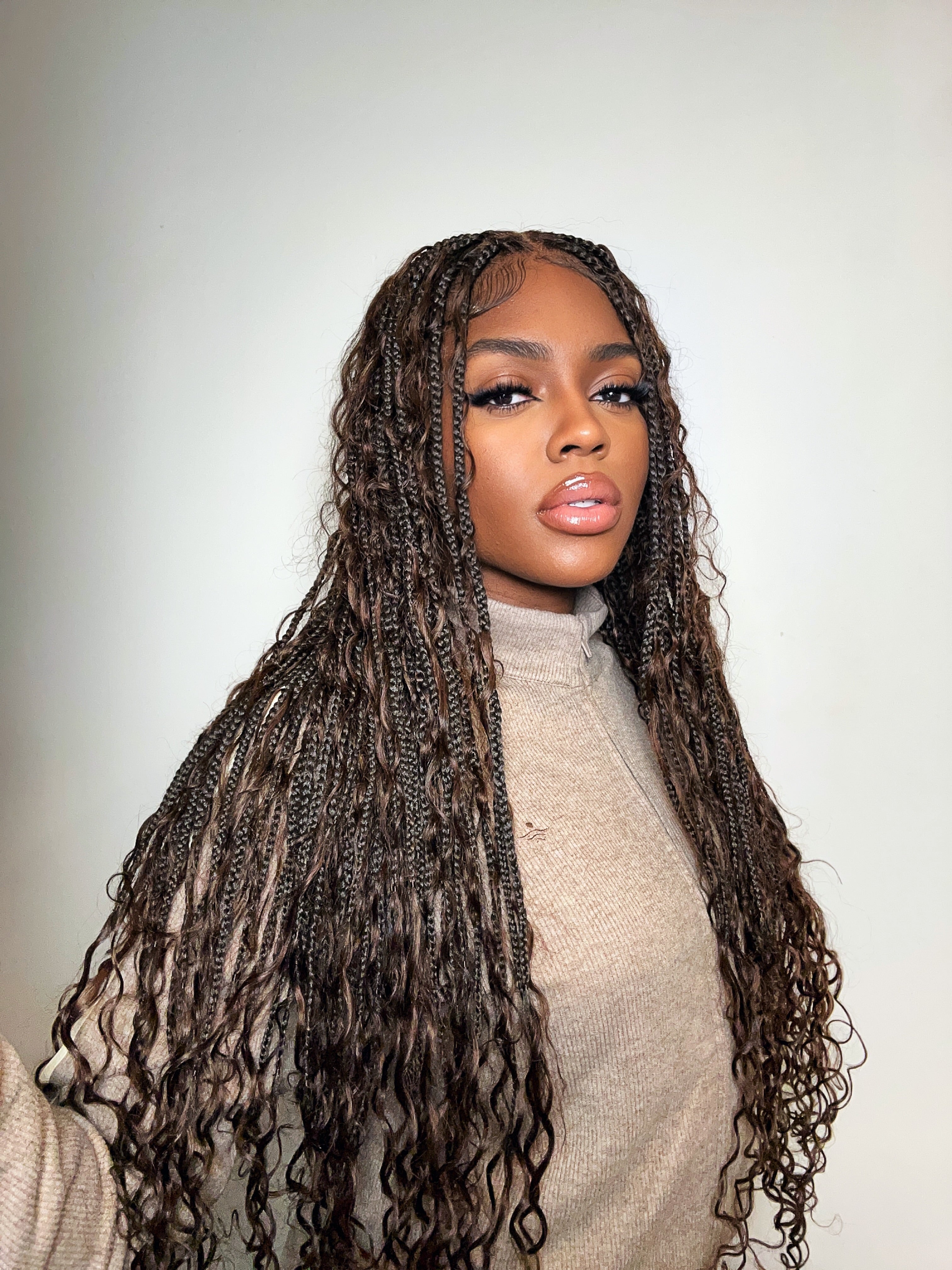 Kiki - Pre Bleached Human Hair Deep Wave Curls Pre Bleached Knotless Swiss HD Full Lace Boho Box Braided Wig